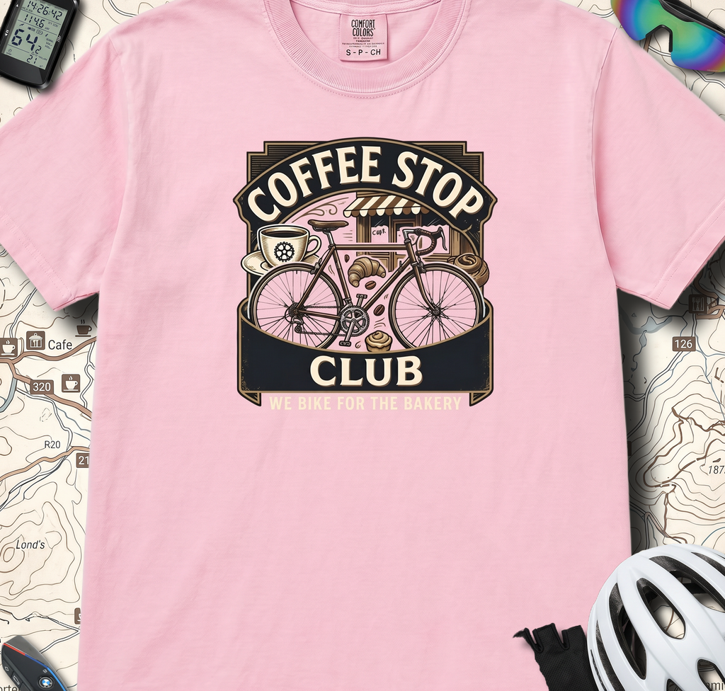 Cyclist Premium Coffee Stop Club Riders T-Shirt Comfort Colors Bicycle Ride to the Bakery Design Peloton Tee Shirt