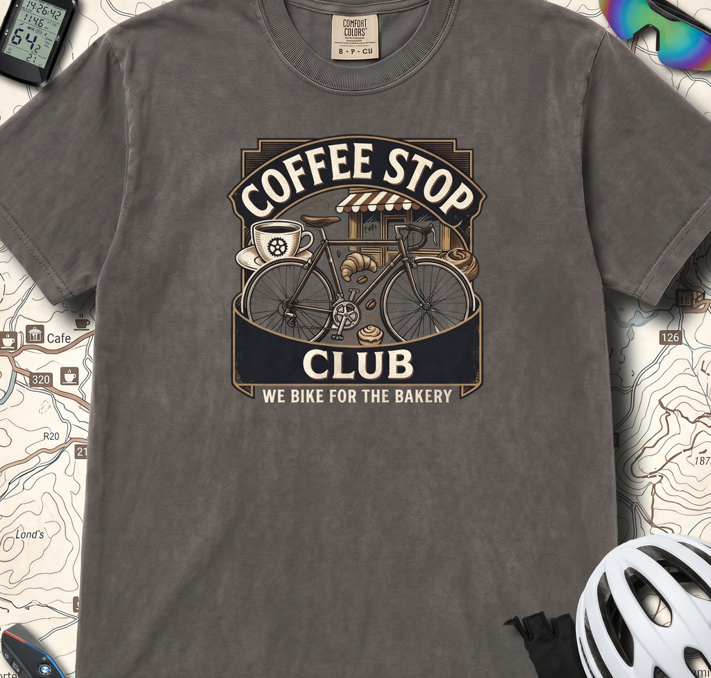 Cyclist Premium Coffee Stop Club Riders T-Shirt Comfort Colors Bicycle Ride to the Bakery Design Peloton Tee Shirt
