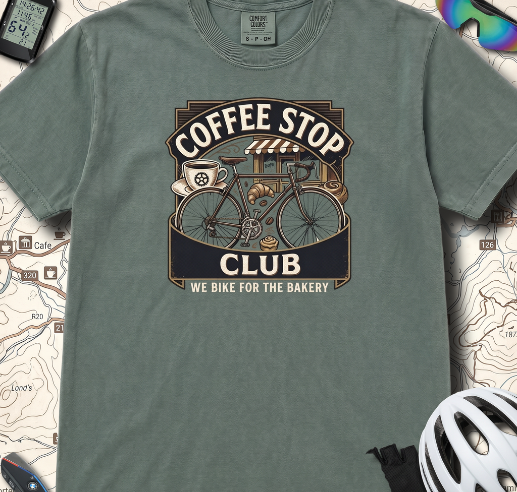 Cyclist Premium Coffee Stop Club Riders T-Shirt Comfort Colors Bicycle Ride to the Bakery Design Peloton Tee Shirt
