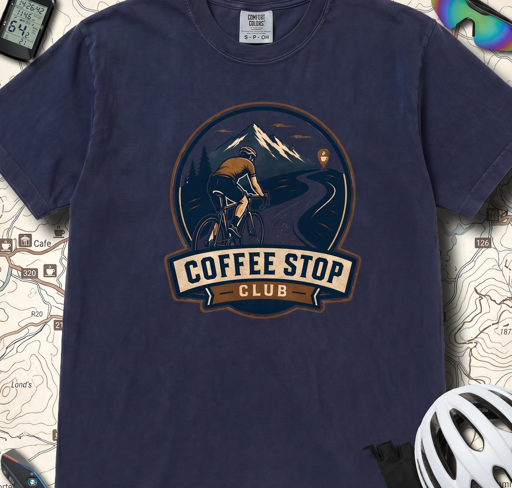 Cyclist Premium Coffee Stop Club Riders T-Shirt Comfort Colors Bicycle Ride to the Café Design Peloton Tee Shirt