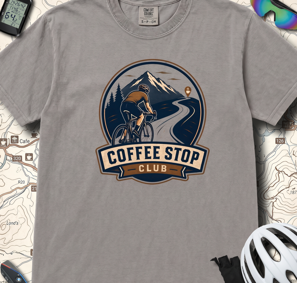 Cyclist Premium Coffee Stop Club Riders T-Shirt Comfort Colors Bicycle Ride to the Café Design Peloton Tee Shirt