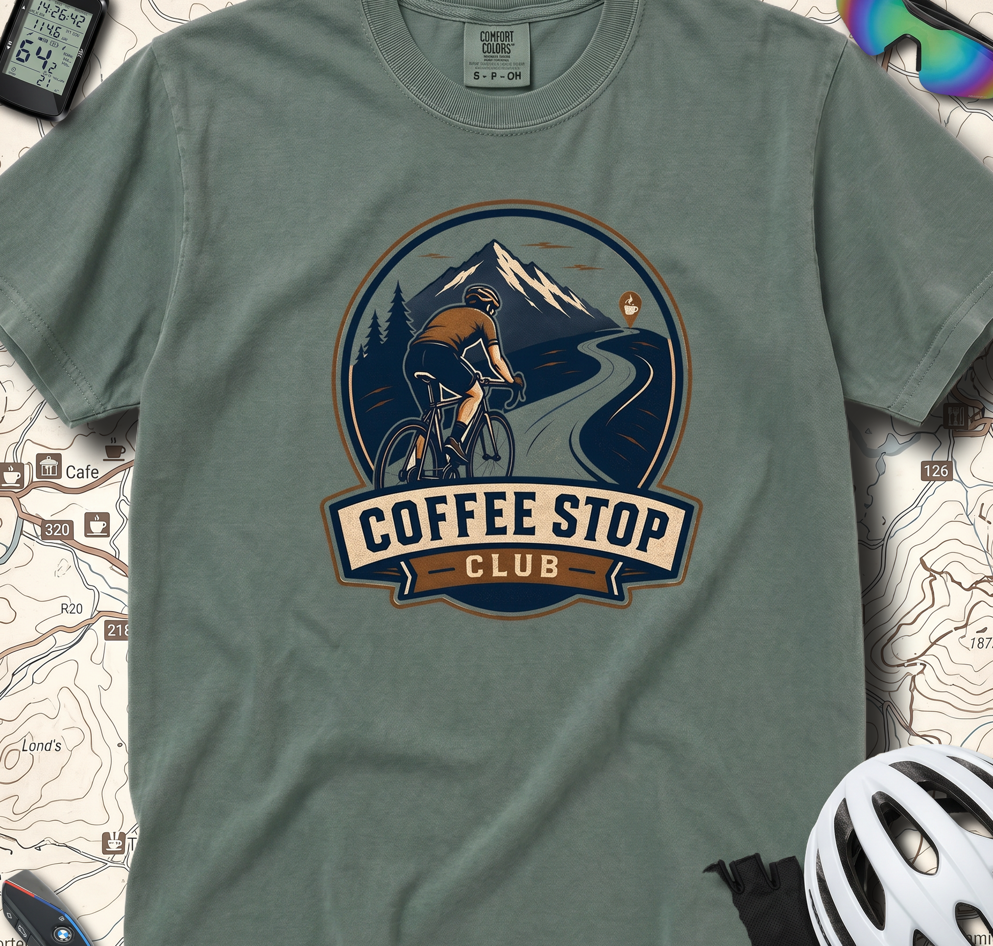 Cyclist Premium Coffee Stop Club Riders T-Shirt Comfort Colors Bicycle Ride to the Café Design Peloton Tee Shirt