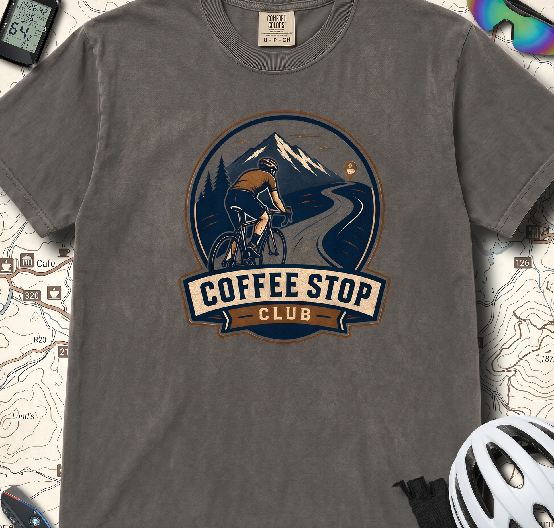 Cyclist Premium Coffee Stop Club Riders T-Shirt Comfort Colors Bicycle Ride to the Café Design Peloton Tee Shirt