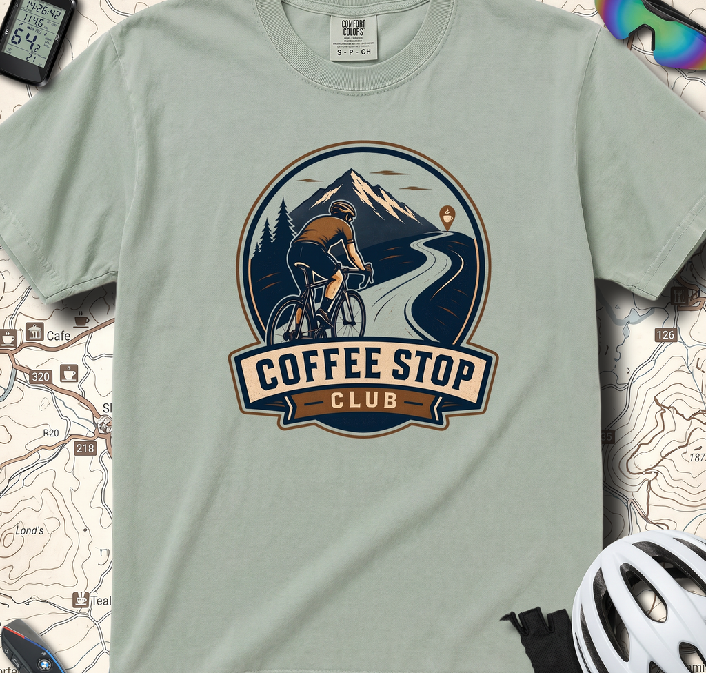 Cyclist Premium Coffee Stop Club Riders T-Shirt Comfort Colors Bicycle Ride to the Café Design Peloton Tee Shirt