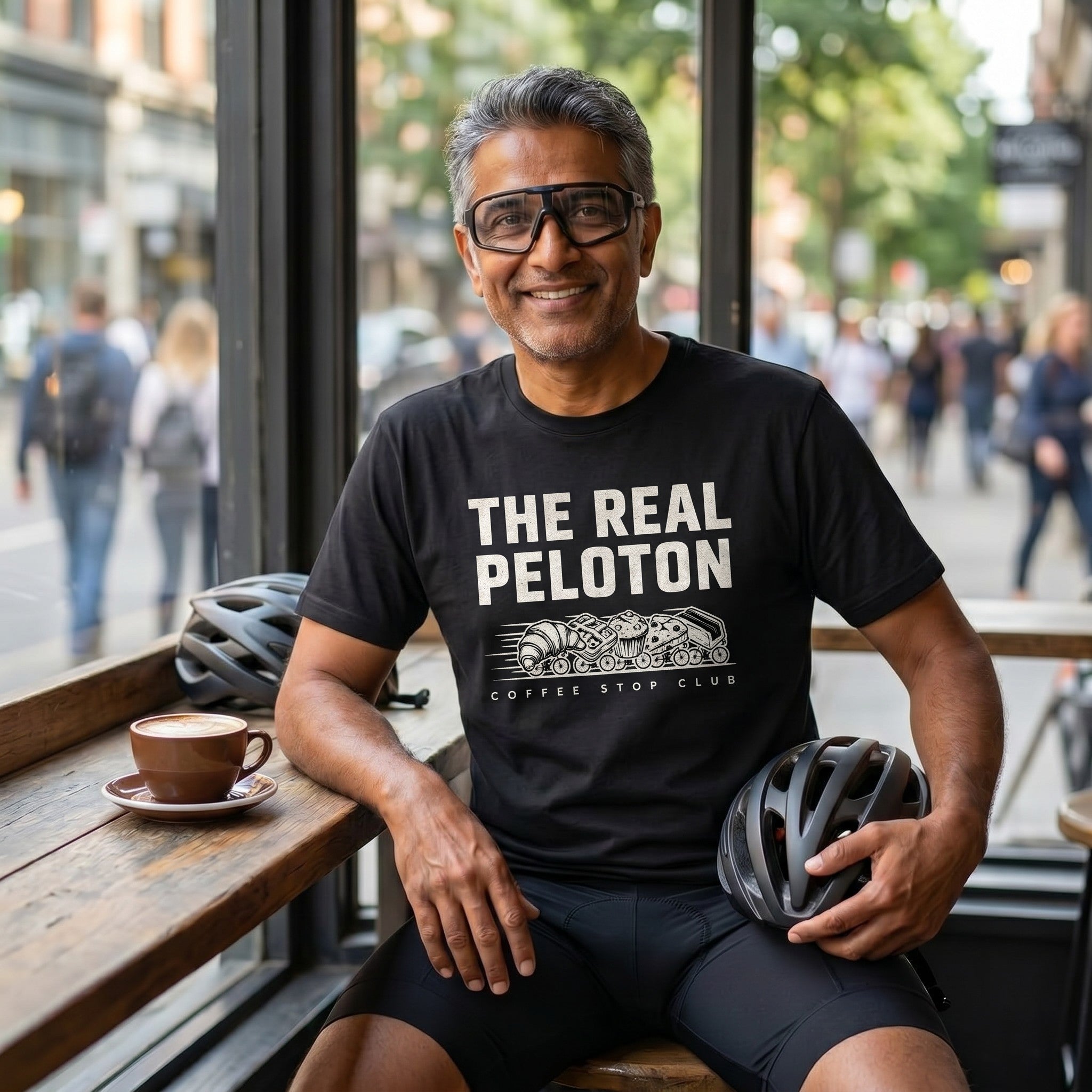 The Real Peloton Cycling T-Shirt — Black lifestyle