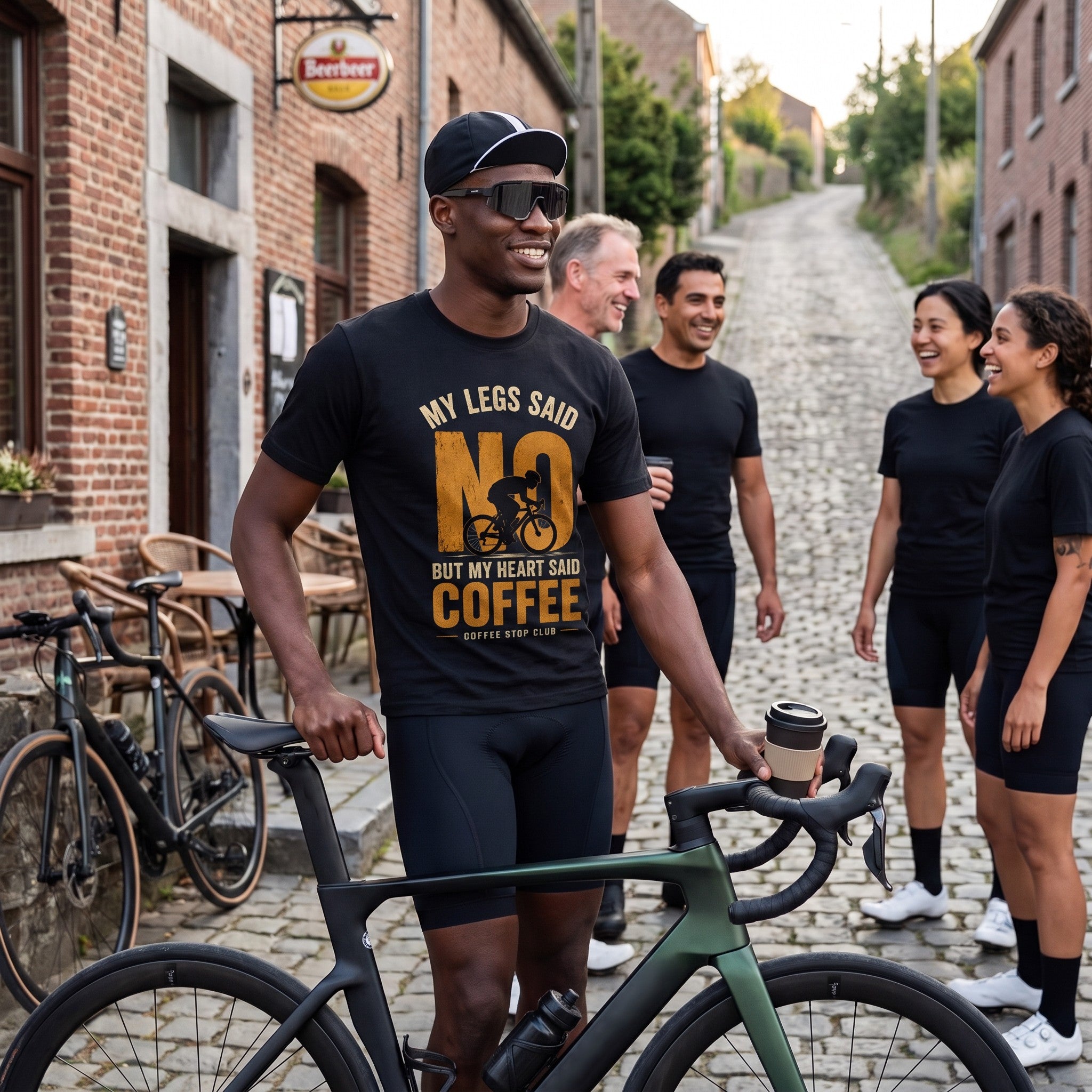 "No!" Cycling Coffee T‑Shirt  — Black lifestyle