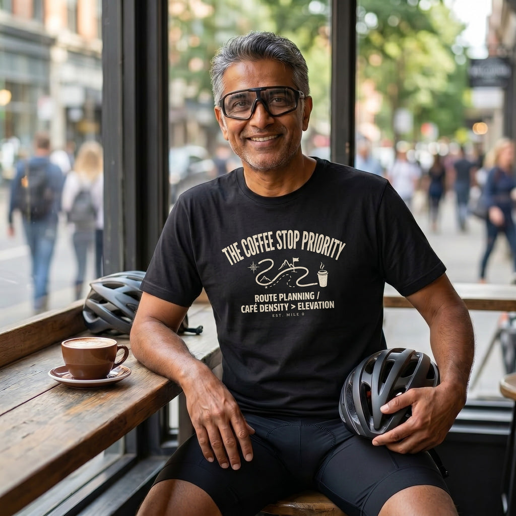 Coffee Stop Priority Cyclist T-Shirt — Black lifestyle