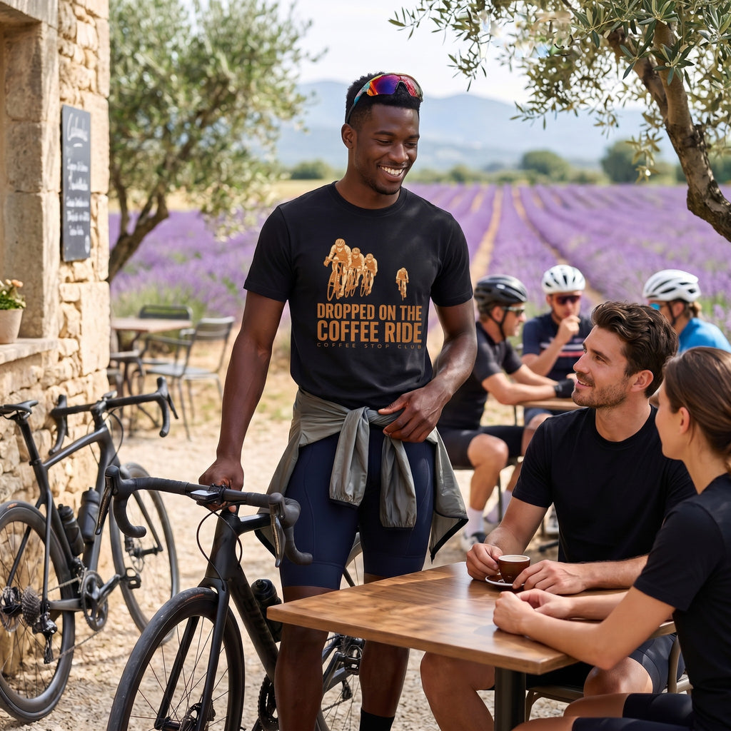 Dropped on the Coffee Ride Cycling T-Shirt — Black lifestyle