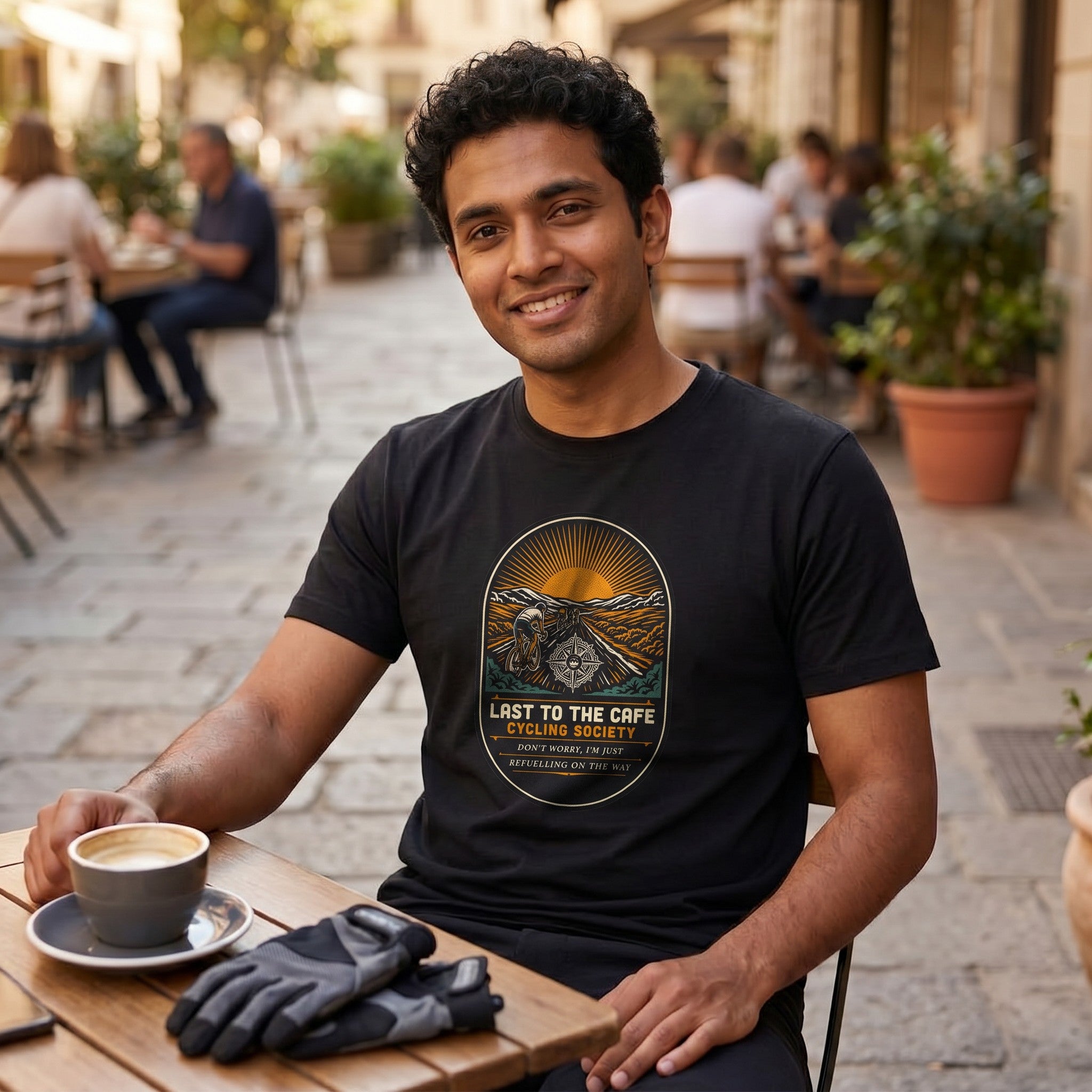 Last to the Café Cyclist T-Shirt — Black lifestyle