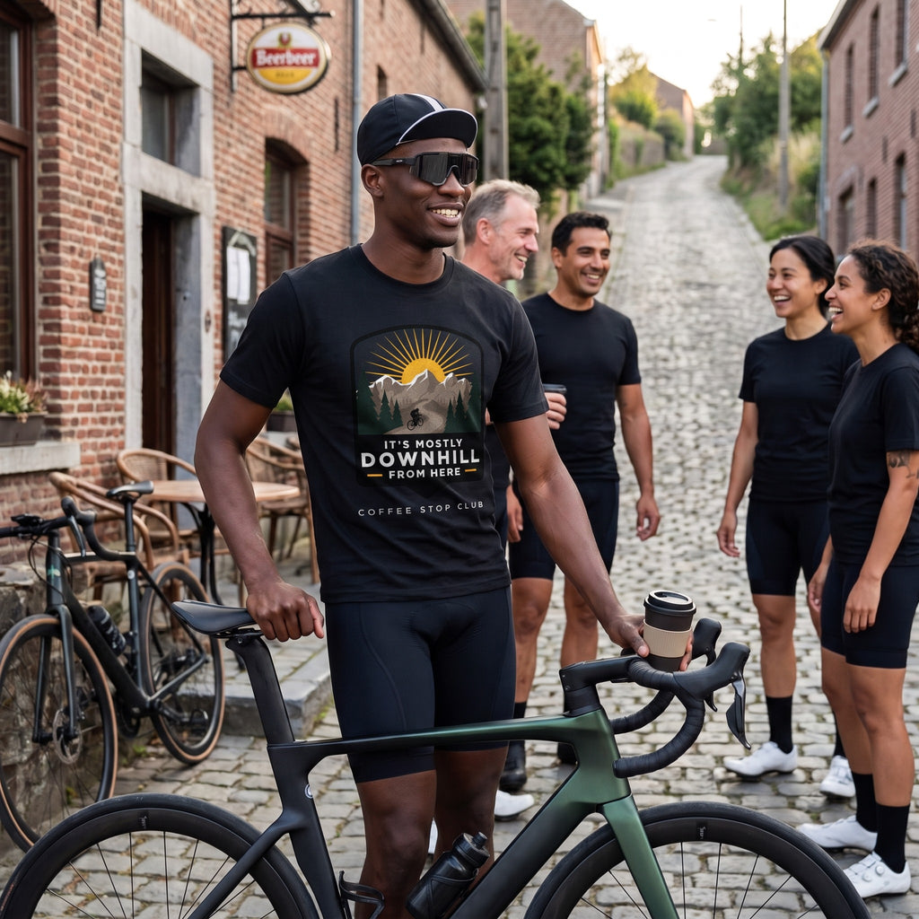 It's Mostly Downhill From Here Cycling T-Shirt — Black lifestyle