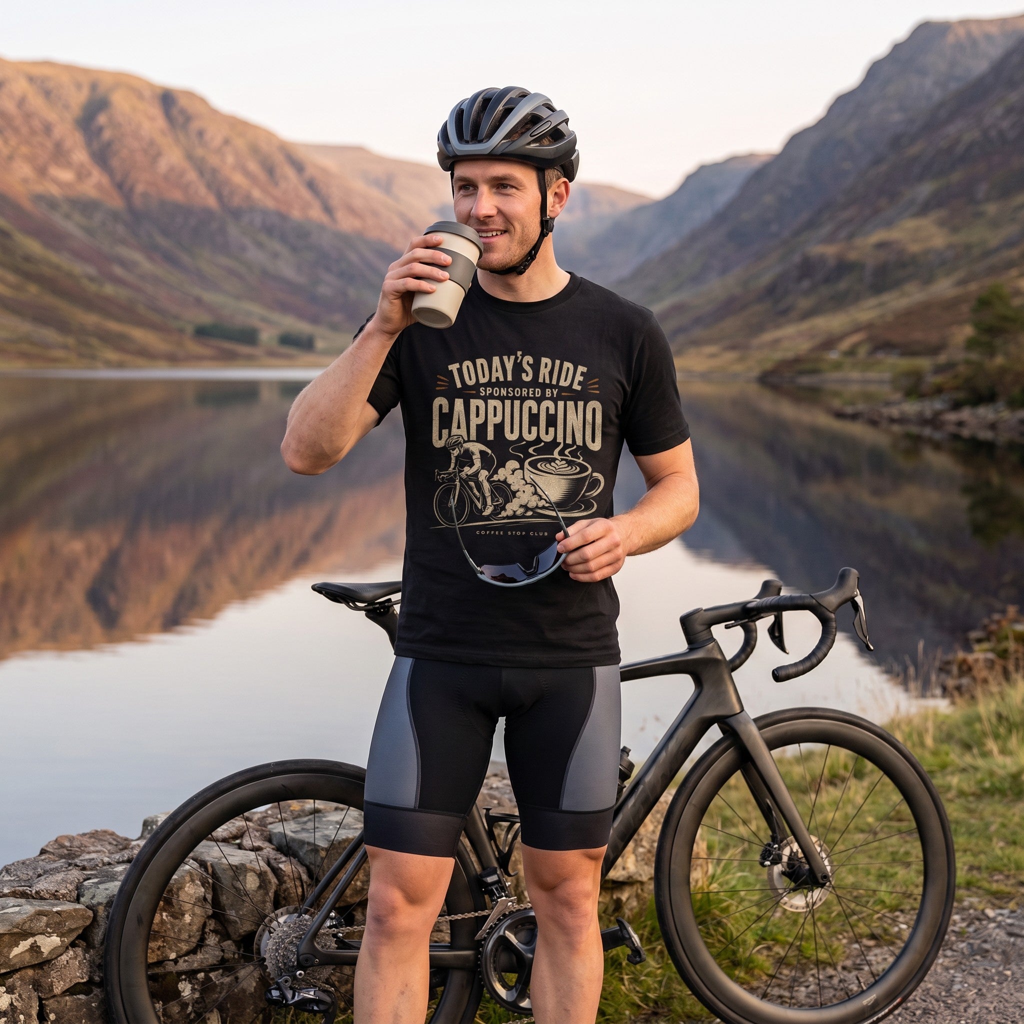 Sponsored by Cappuccino Cycling T-shirt — Black lifestyle