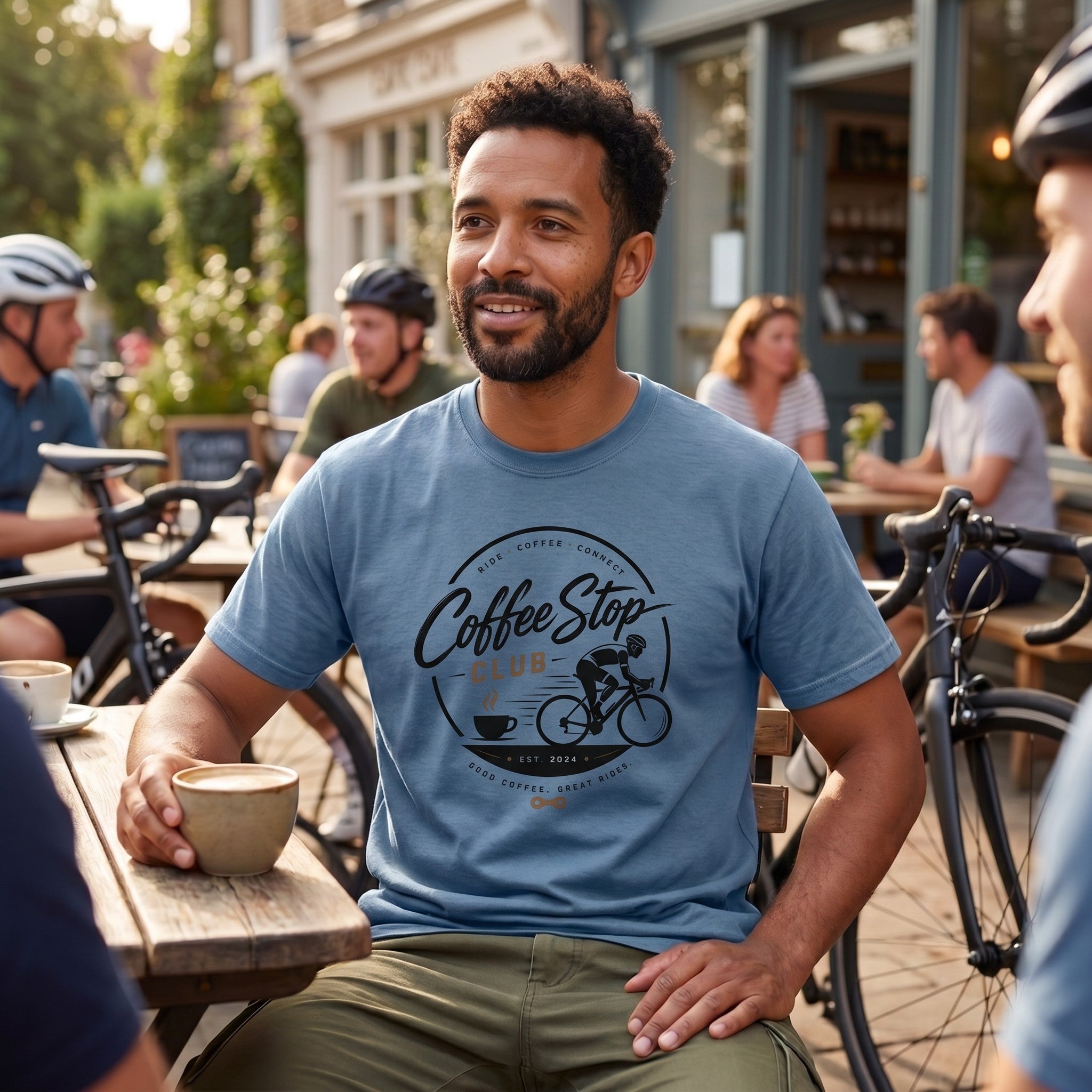 Good Coffee Stop Club T‑Shirt — Blue Jean lifestyle