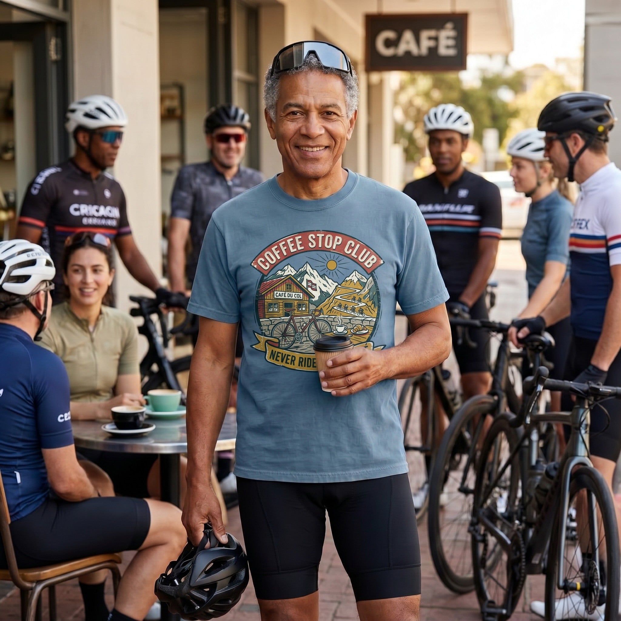 Never Pass a Café T‑Shirt — Blue Jean lifestyle