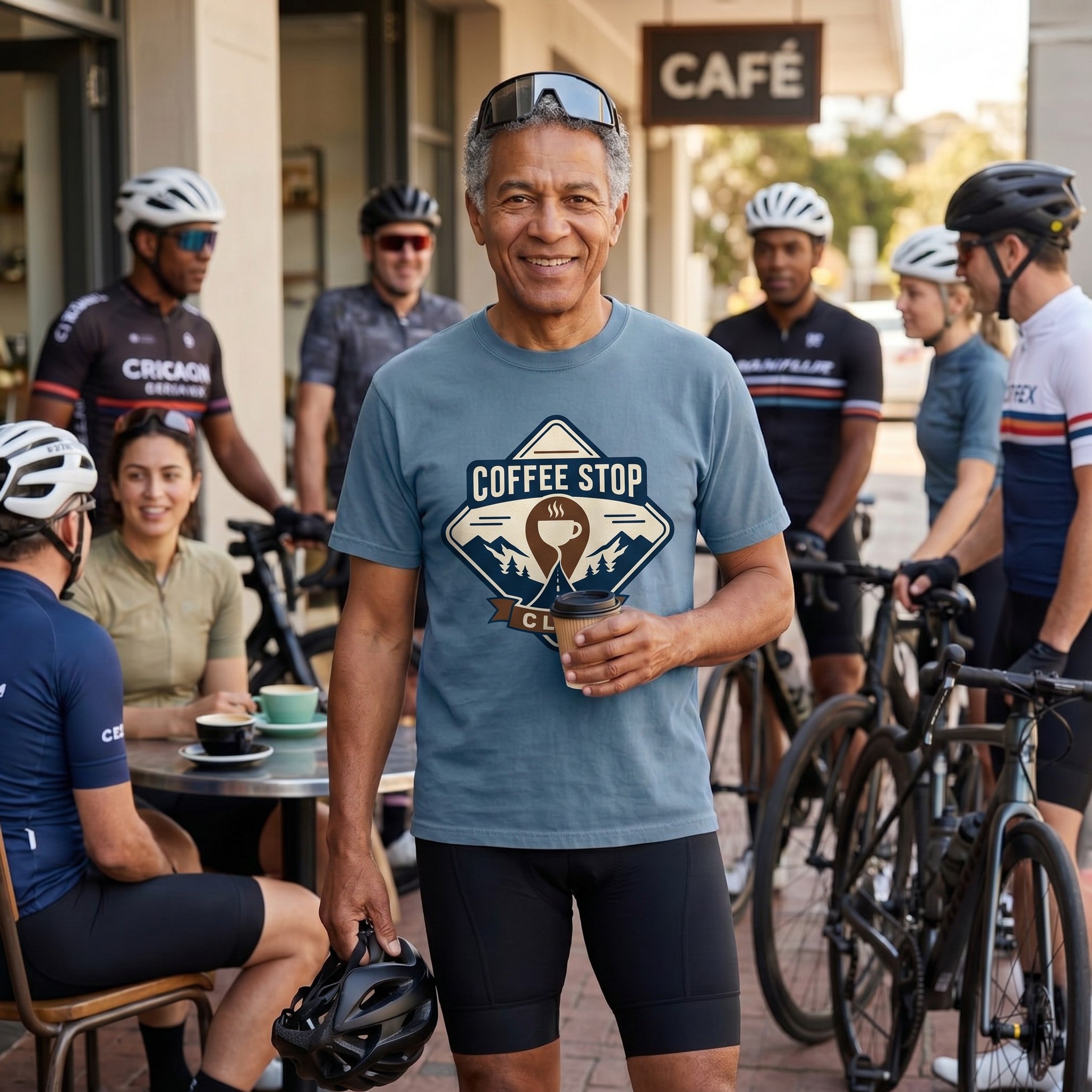 The Coffee Stop Club T‑Shirt — Blue Jean lifestyle
