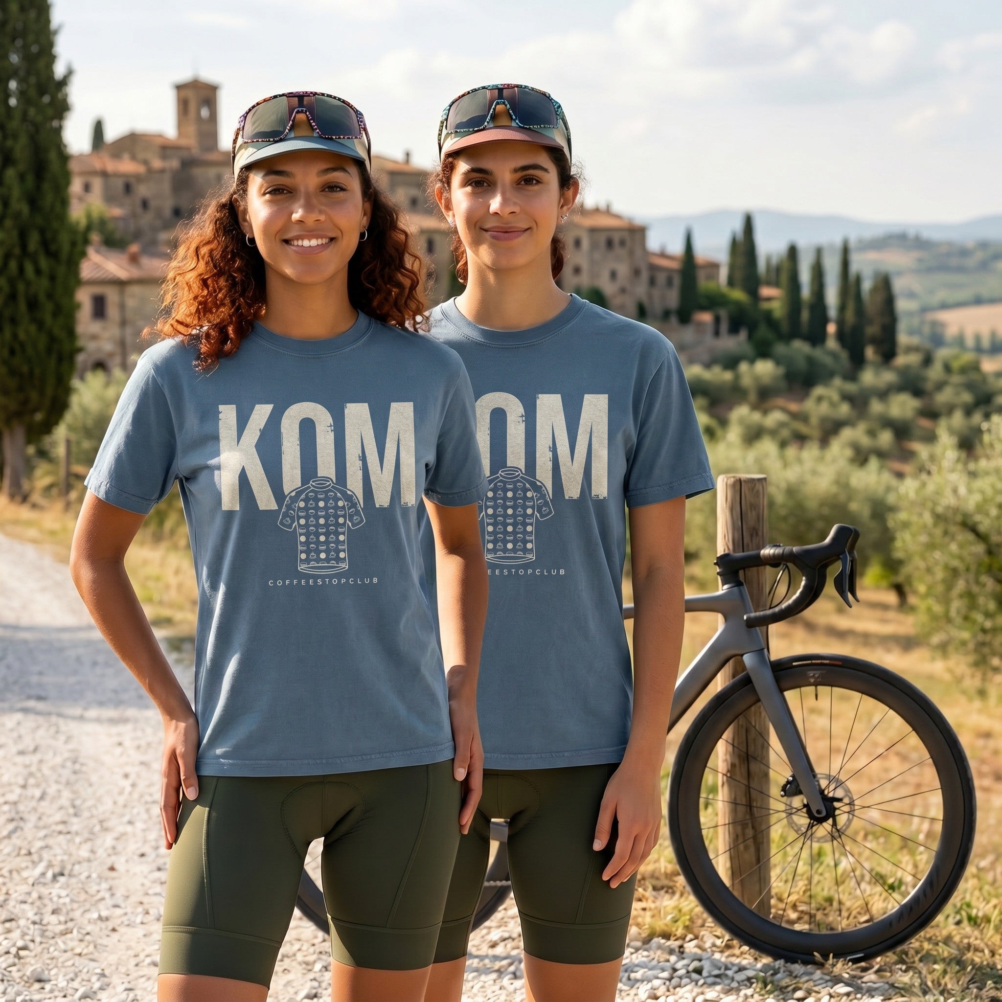 KOM Cake Stop Cycling T-Shirt — Blue Jean lifestyle