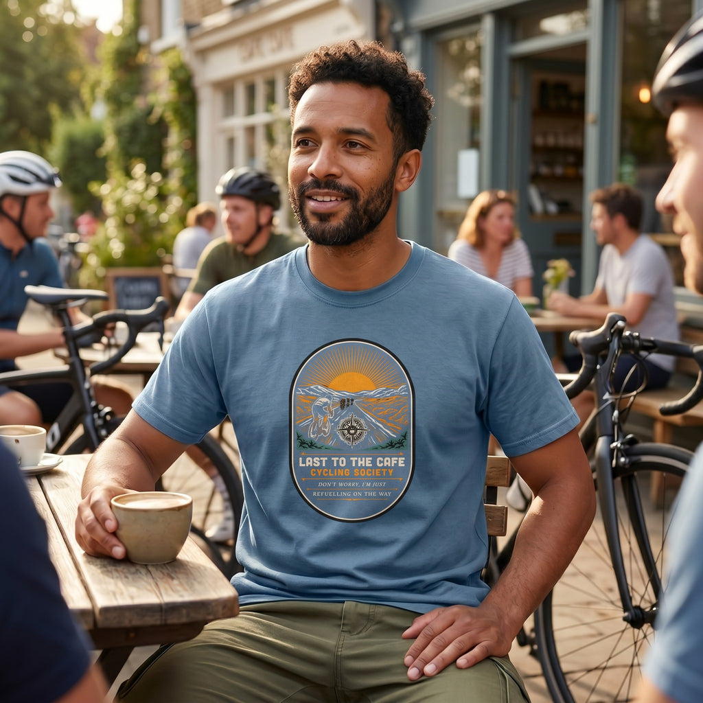 Last to the Café Cyclist T-Shirt — Blue Jean lifestyle
