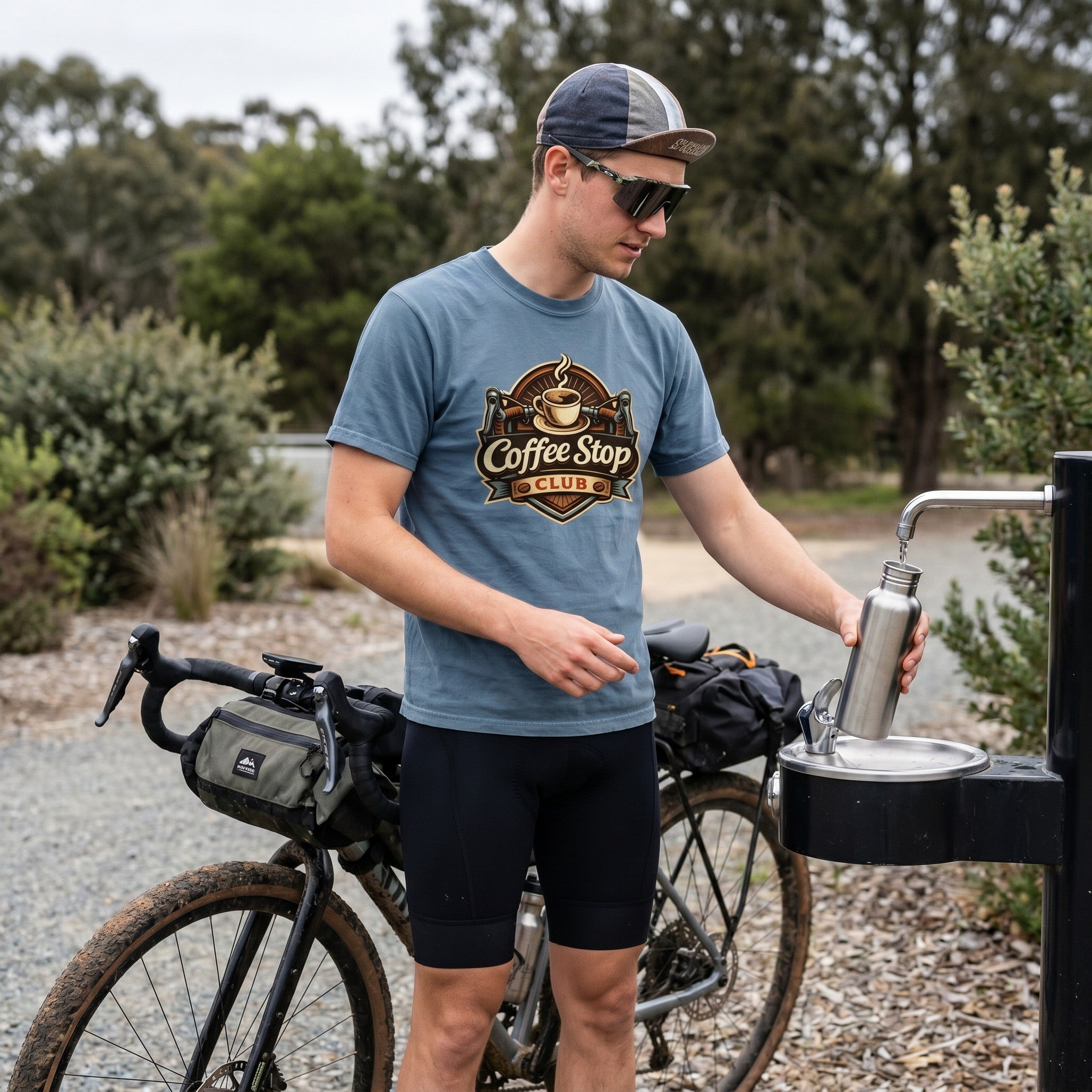 Vintage Coffee Stop Club T‑Shirt — Blue Jean lifestyle