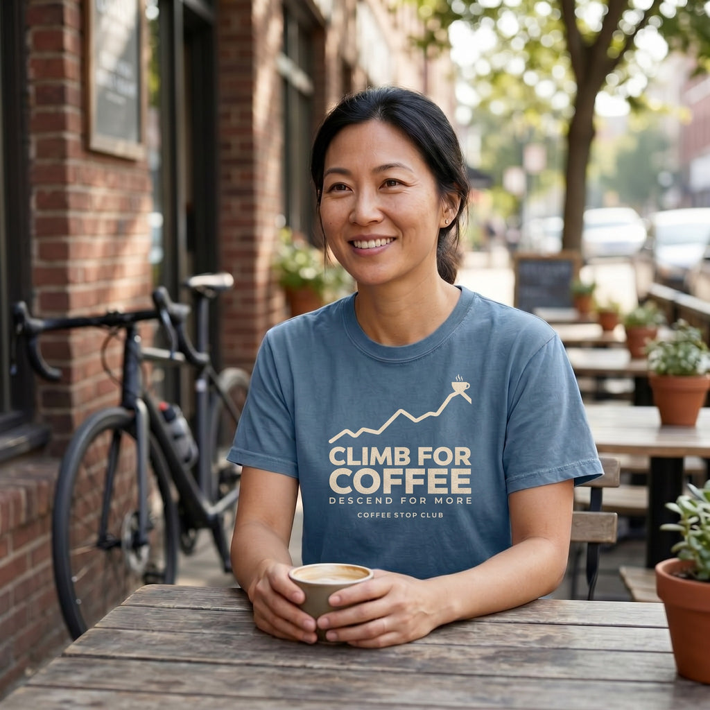 Climb For Coffee T‑Shirt — Blue Jean lifestyle
