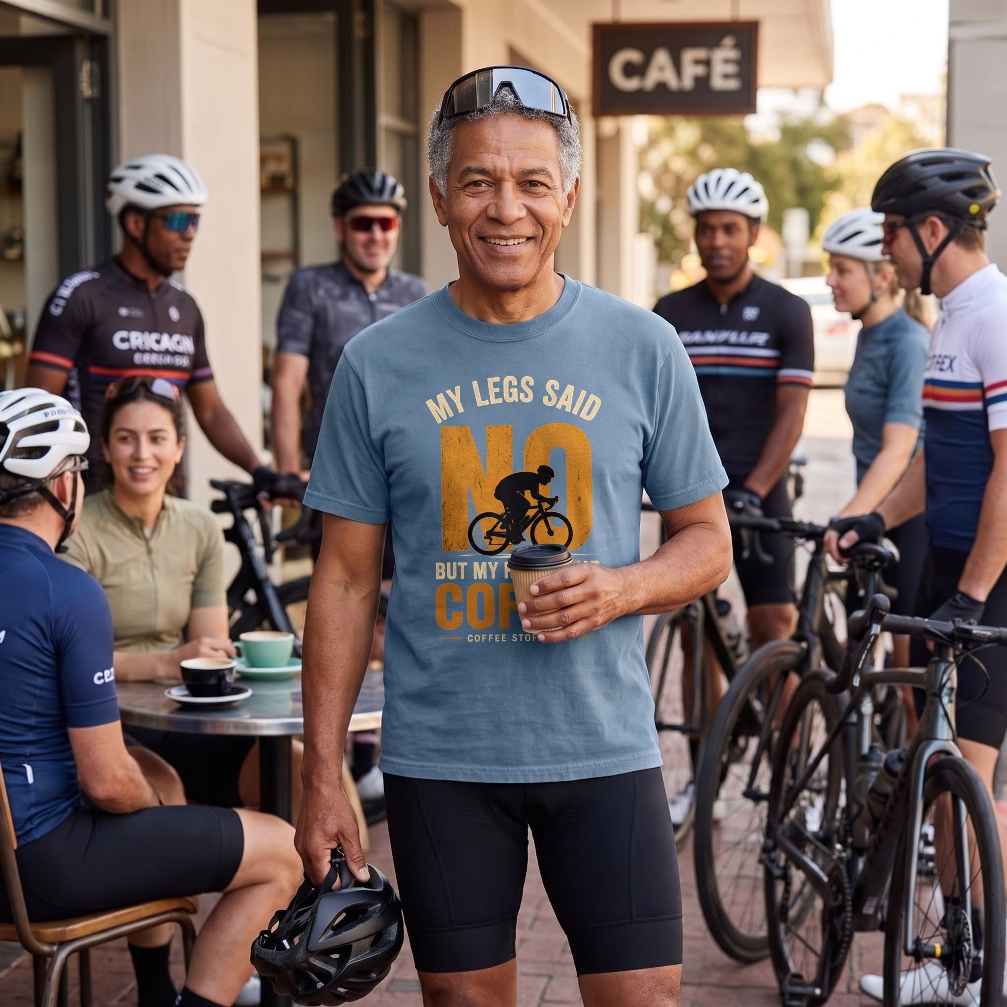 "No!" Cycling Coffee T‑Shirt  — Blue Jean lifestyle