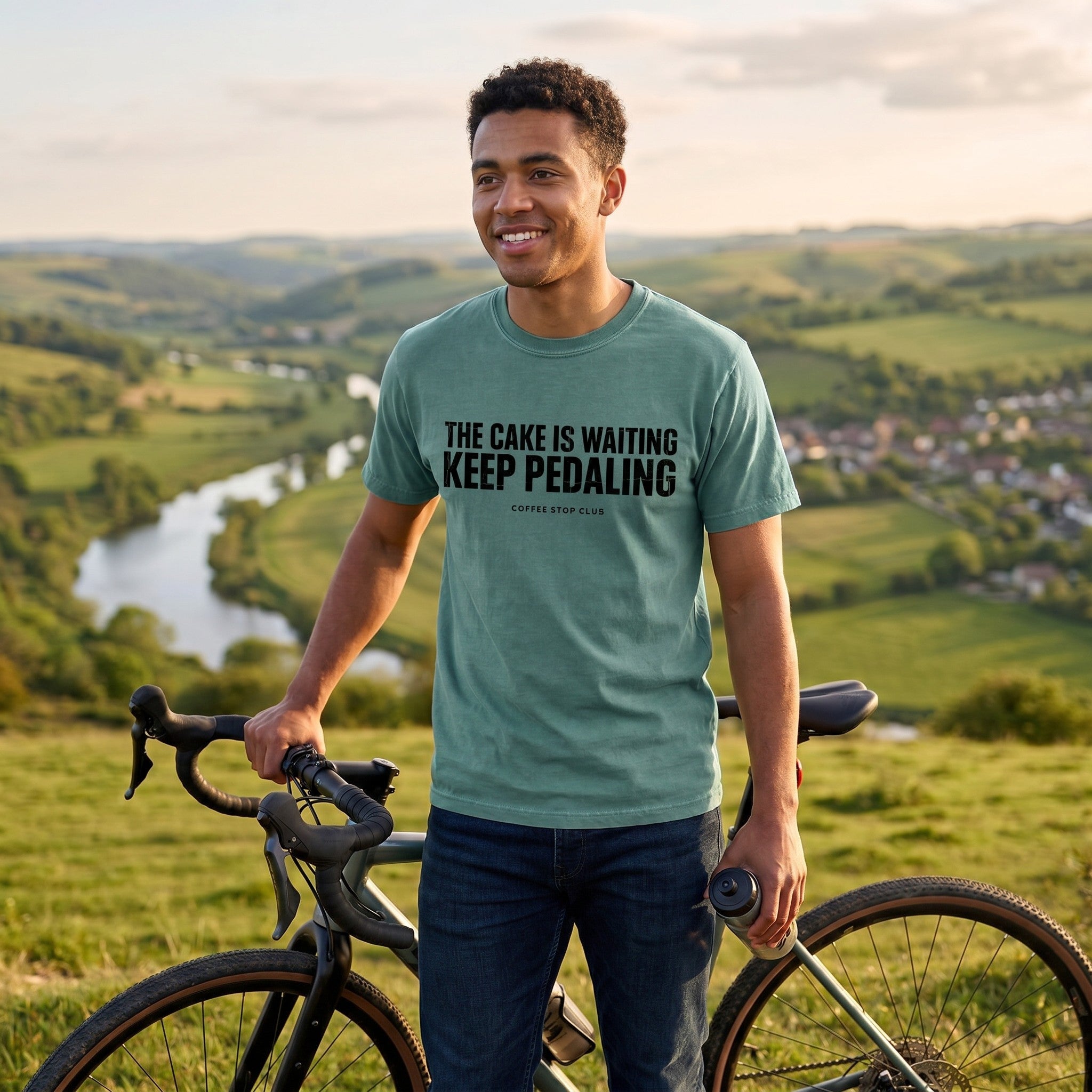The Cake is Waiting T‑Shirt — Blue Spruce lifestyle