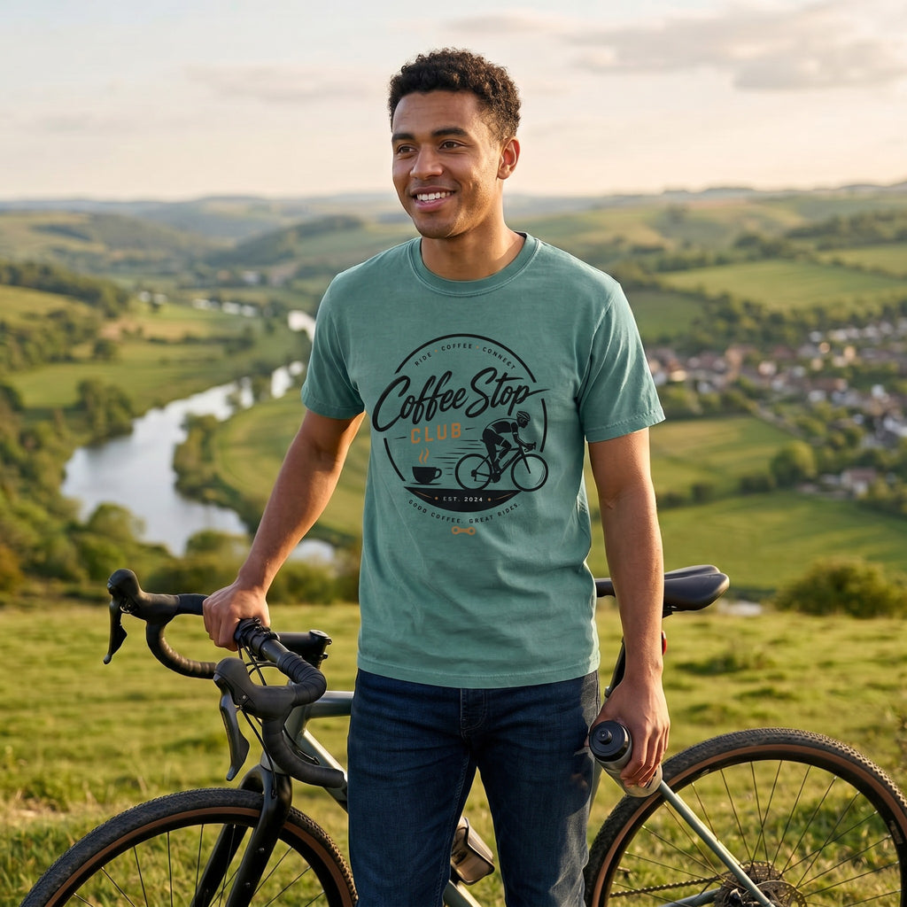 Good Coffee Stop Club T‑Shirt — Blue Spruce lifestyle