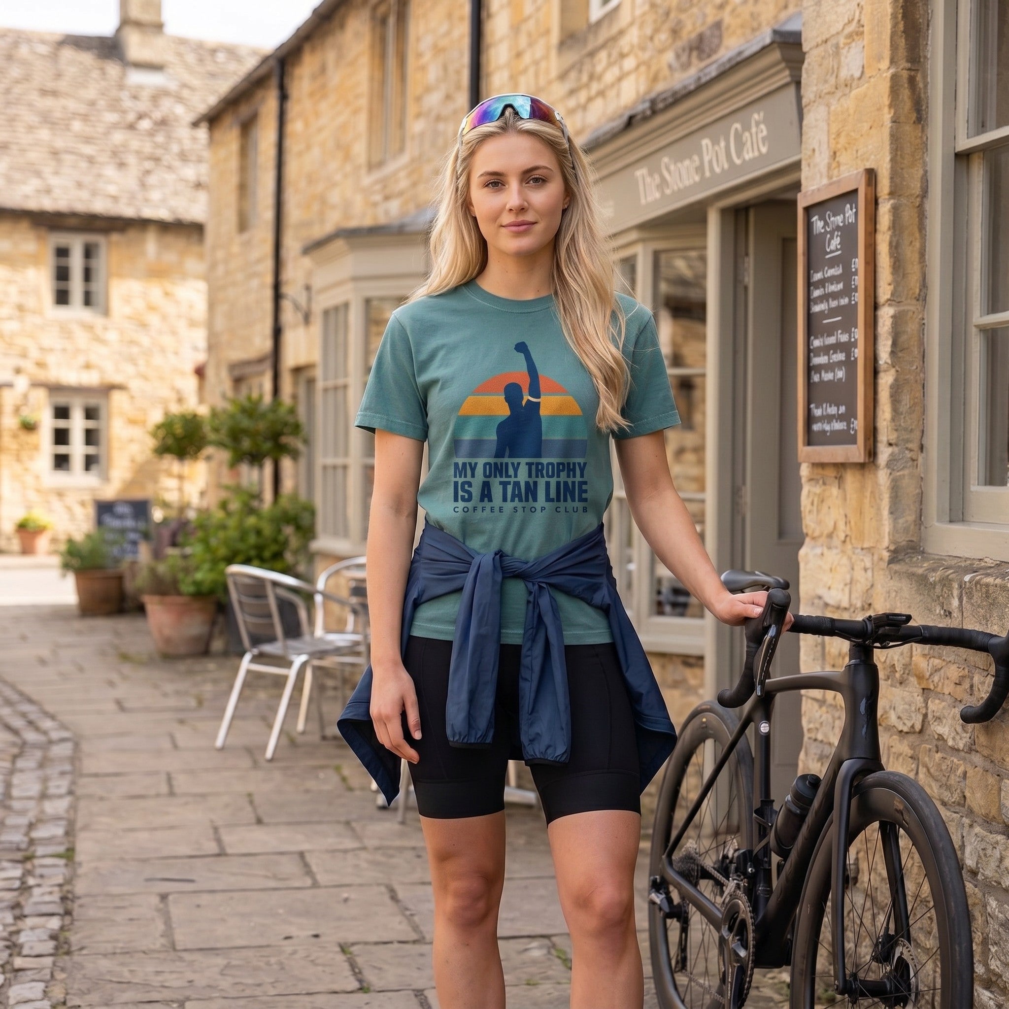 Tan Line Trophy Cycling T-Shirt — Blue Spruce lifestyle