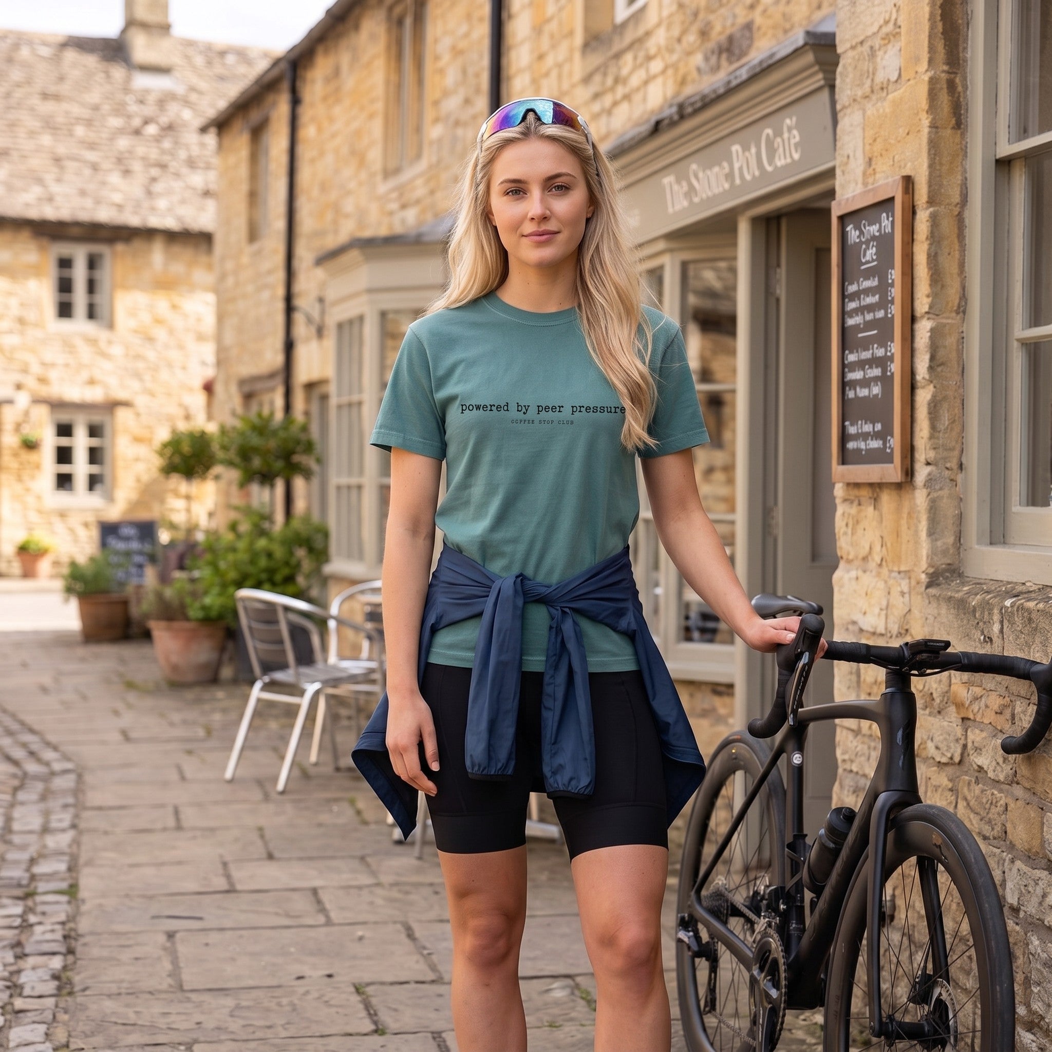 Powered by Peer Pressure Cycling T-Shirt — Blue Spruce lifestyle