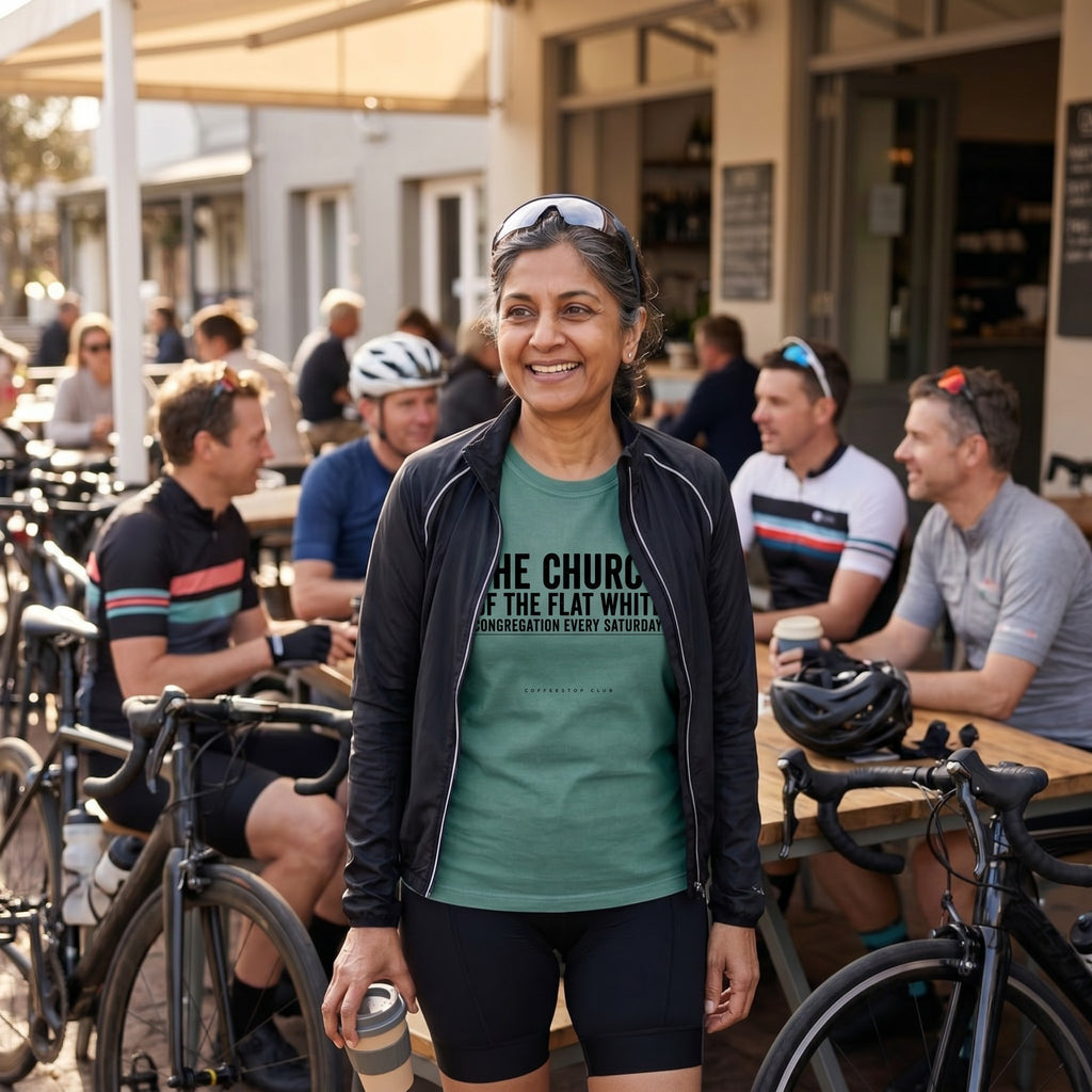 Church of the Flat White T‑Shirt — Blue Spruce lifestyle