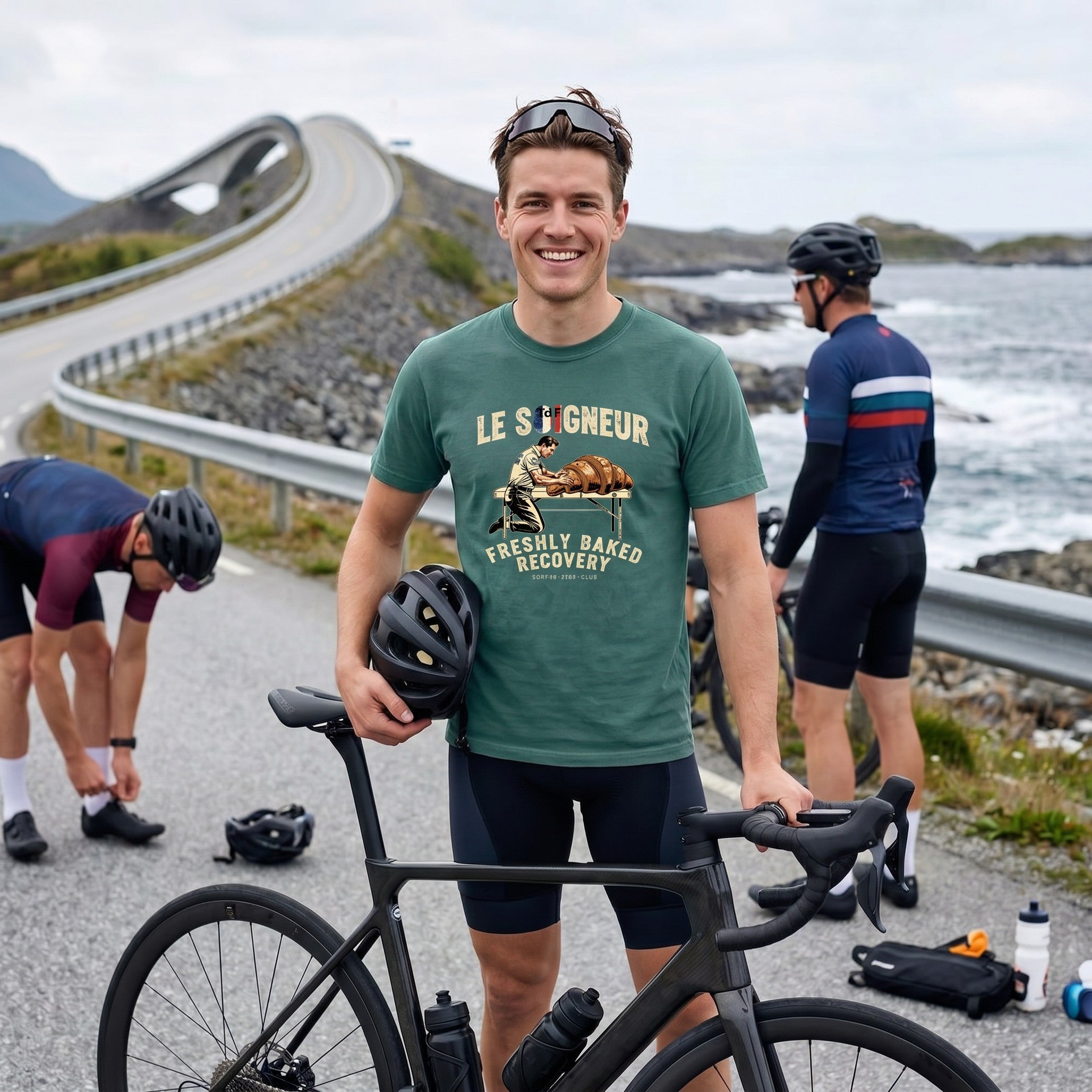 Soigneur Recovery TdF Cycling T-Shirt — Blue Spruce lifestyle