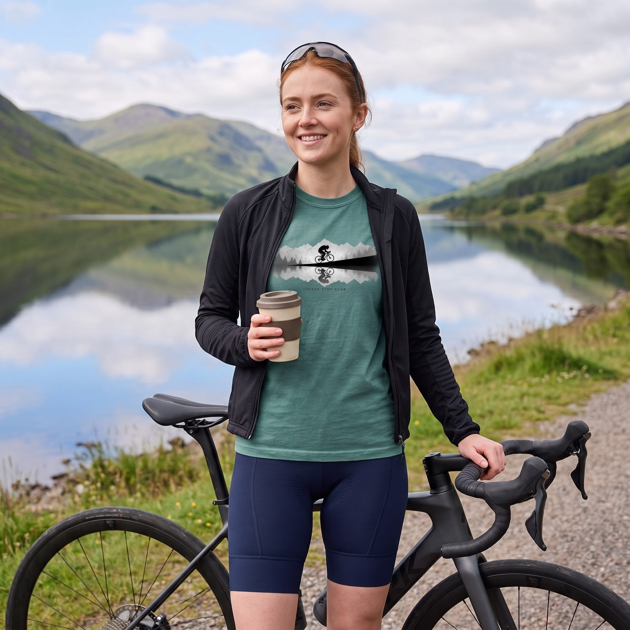 Sasquatch Reflection Cycling T-Shirt — Blue Spruce lifestyle