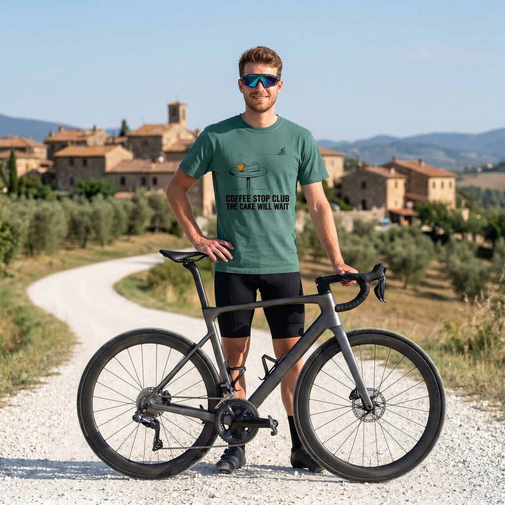 Cake Will Wait Cycling T-Shirt — Blue Spruce lifestyle