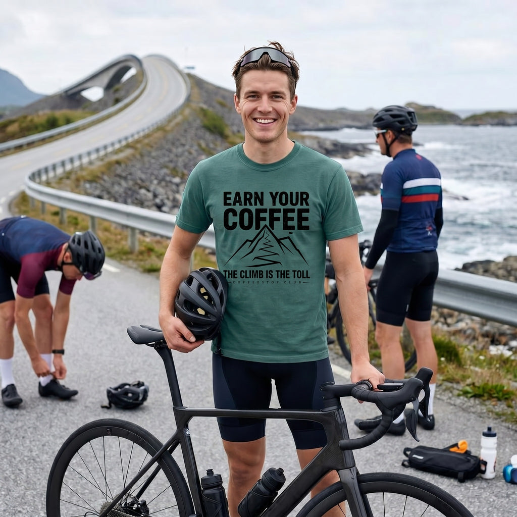 Earn Your Coffee Cycling T-Shirt — Blue Spruce lifestyle