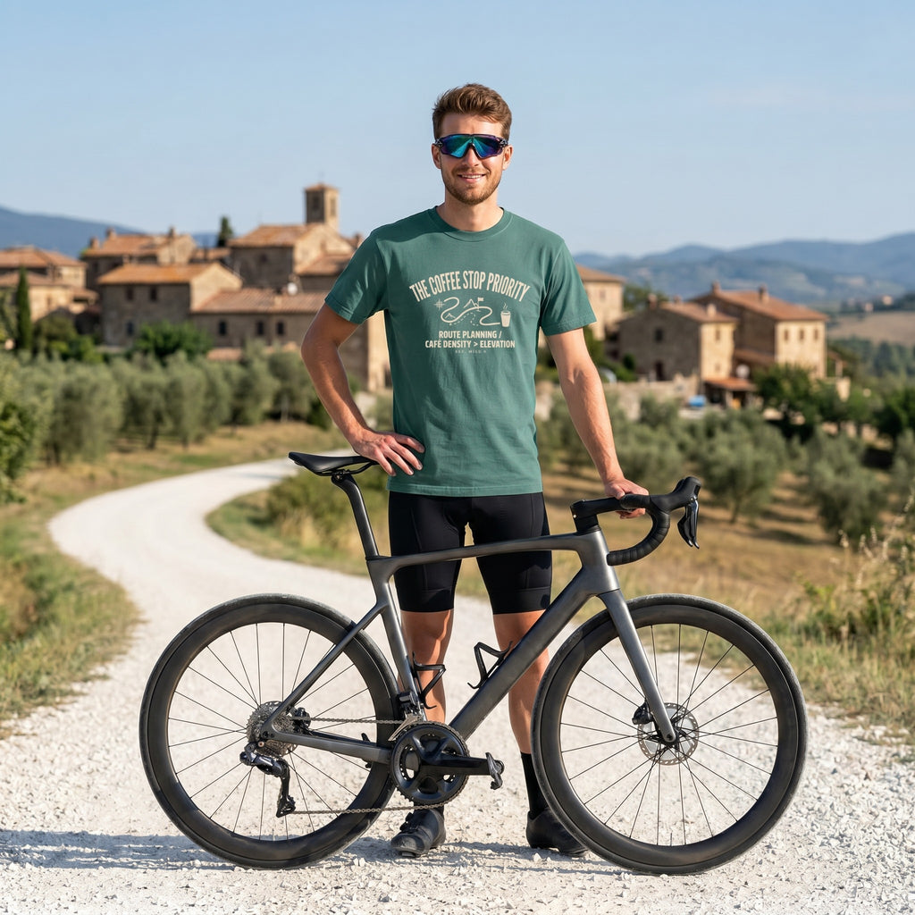Coffee Stop Priority Cyclist T-Shirt — Blue Spruce lifestyle