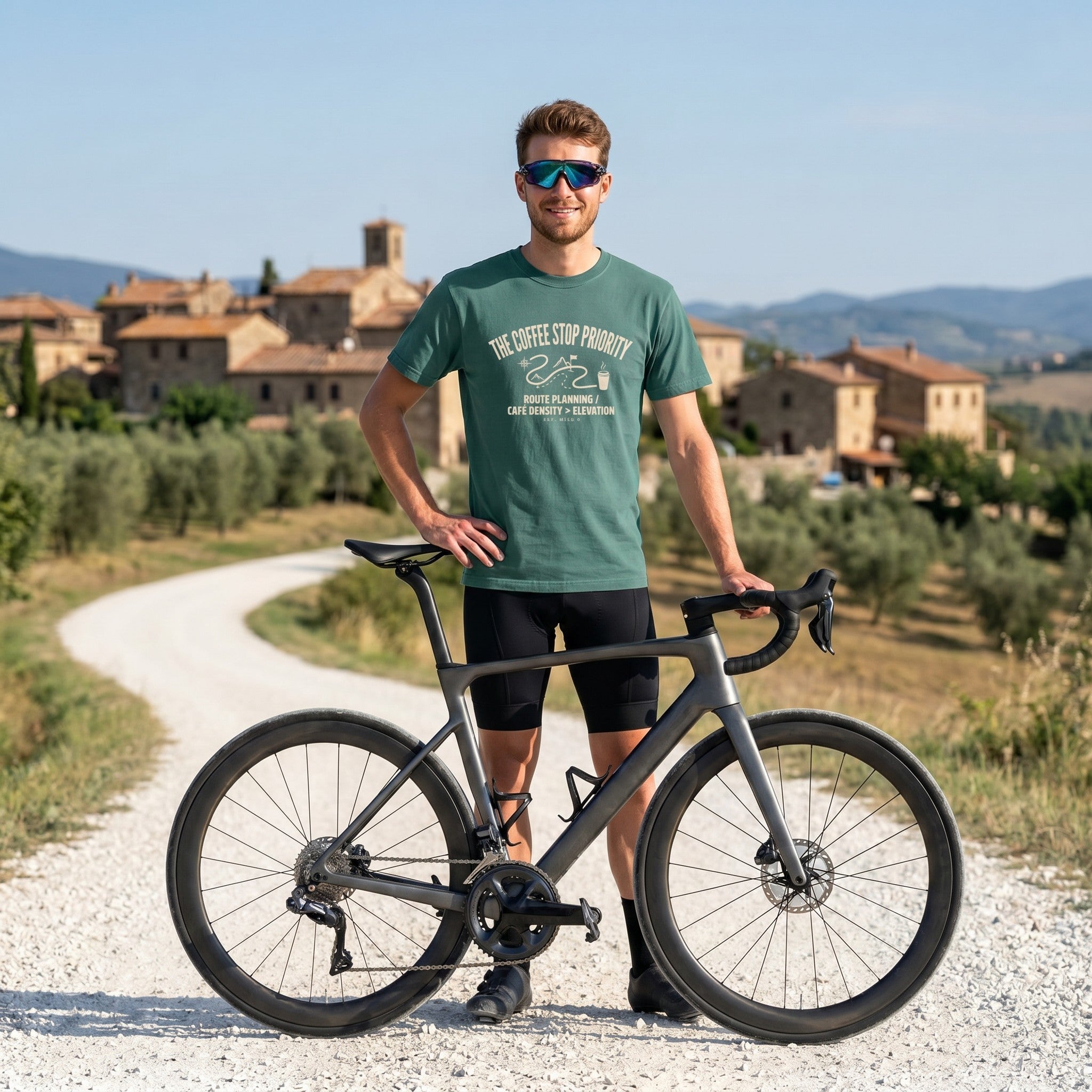 Coffee Stop Priority Cyclist T-Shirt — Blue Spruce lifestyle