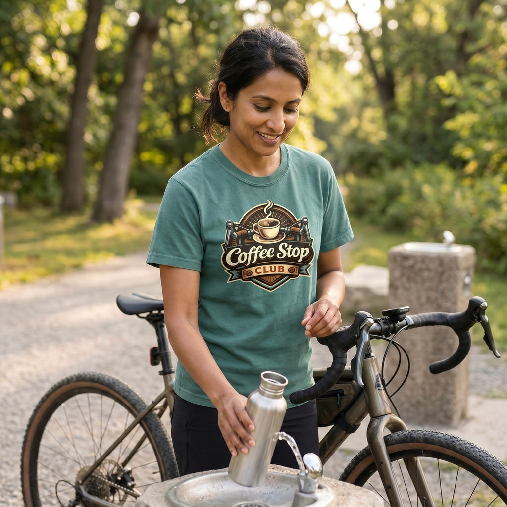 Vintage Coffee Stop Club T‑Shirt — Blue Spruce lifestyle