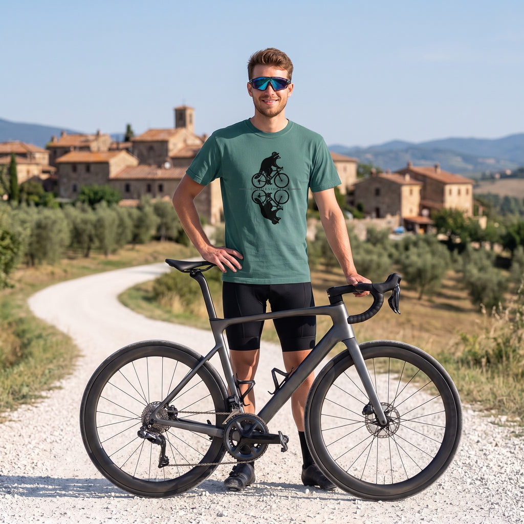 Raccoon Cycling Reflection T‑Shirt — Blue Spruce lifestyle