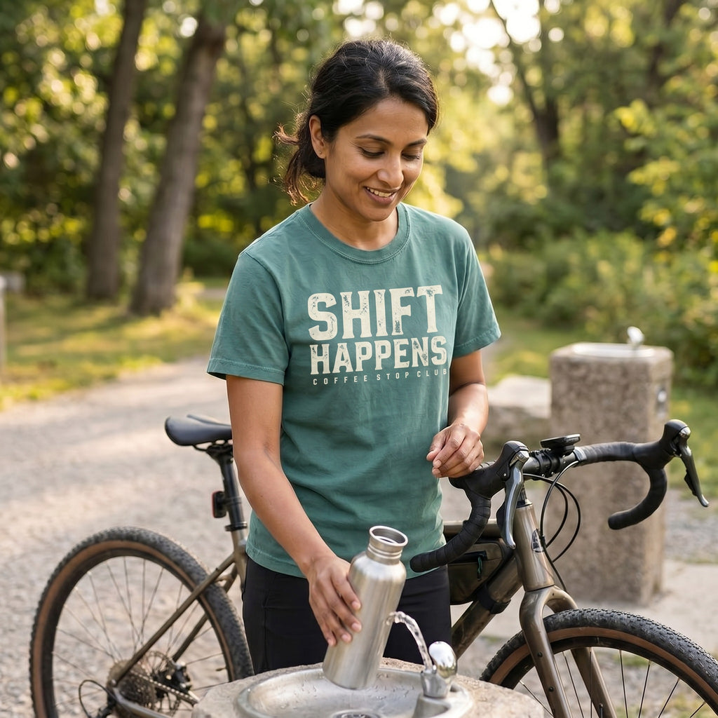 Shift Happens Cycling T-Shirt — Blue Spruce lifestyle