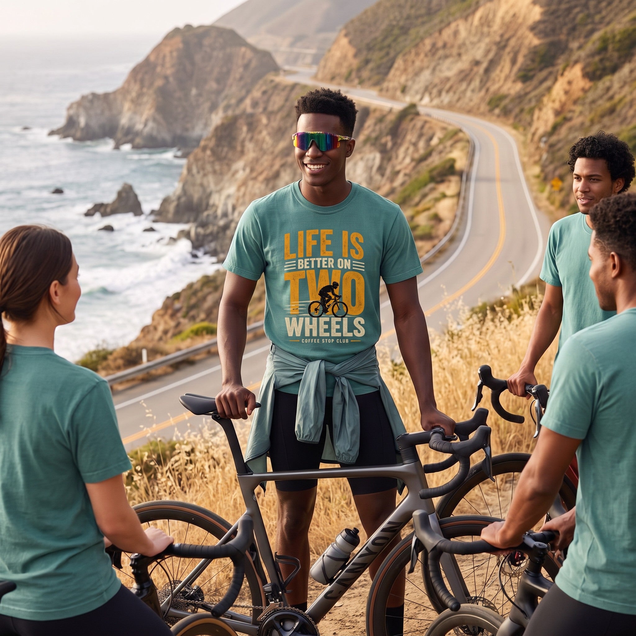 Life Is Better On Two Wheels Cycling T-Shirt — Blue Spruce lifestyle