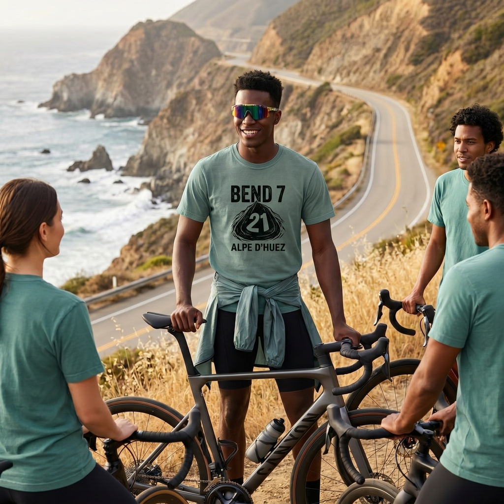Bend 7 Alpe d'Huez Cyclist T-Shirt — Blue Spruce lifestyle