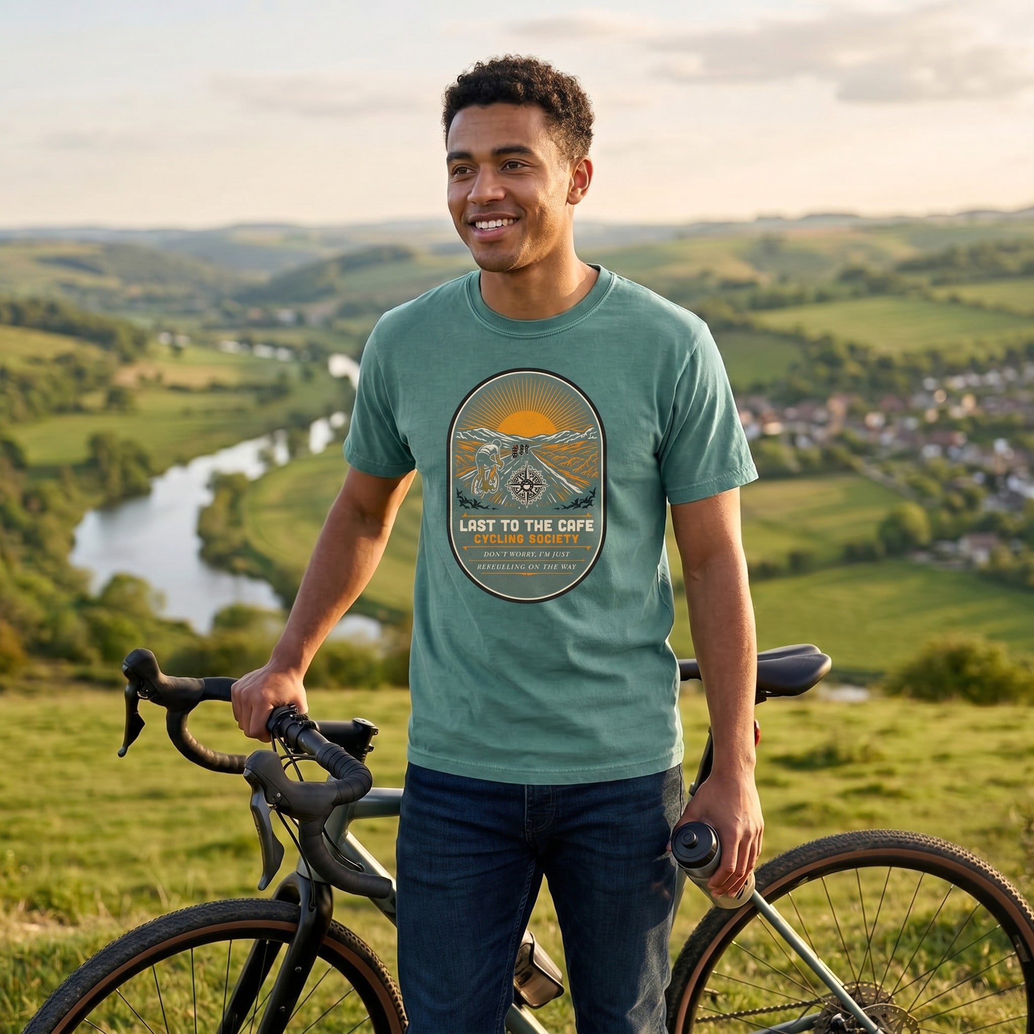 Last to the Café Cyclist T-Shirt — Blue Spruce lifestyle