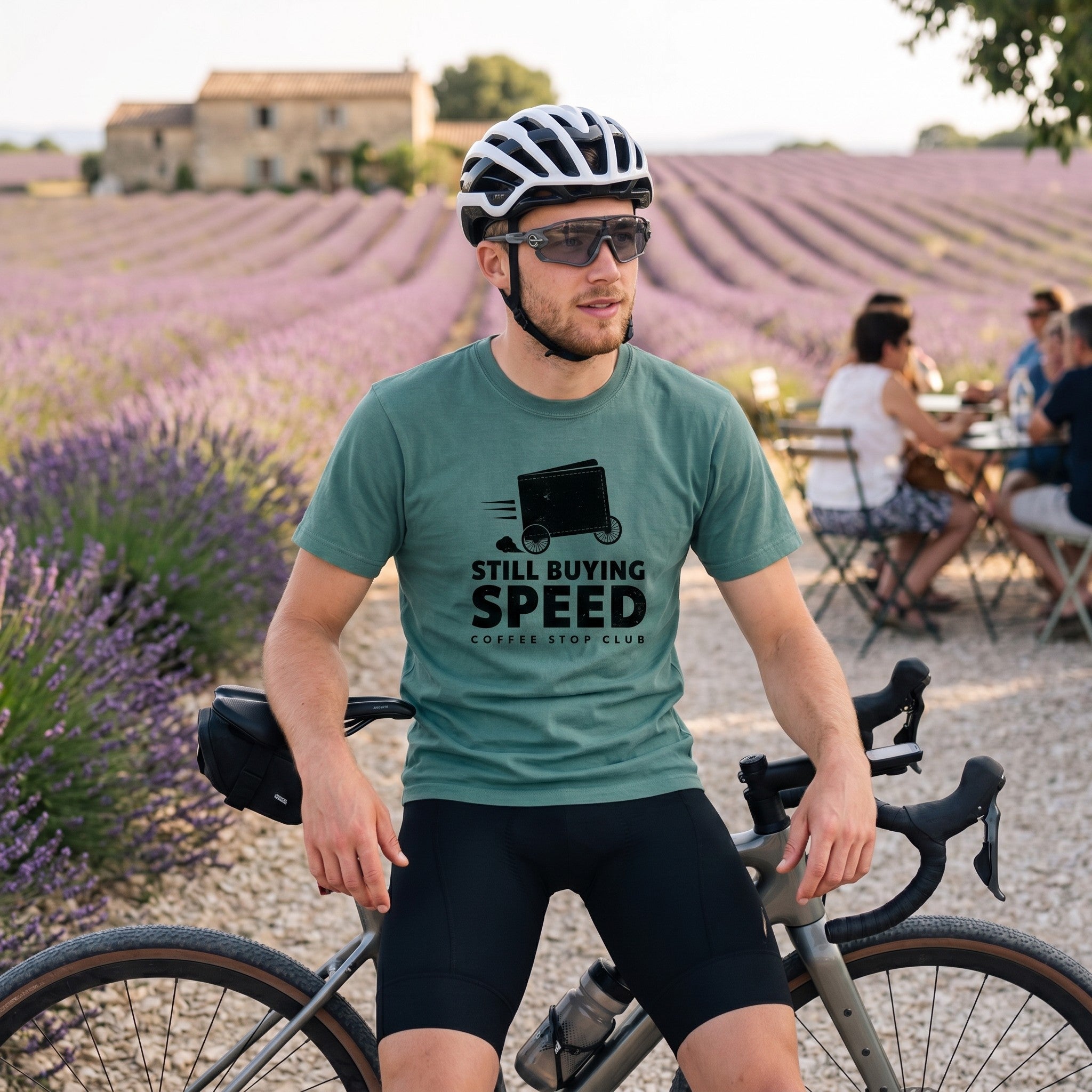 Still Buying Speed Cycling T-Shirt — Blue Spruce lifestyle