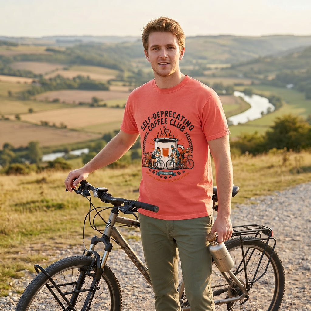 Self-Deprecating Cyclist T-Shirt — Bright Salmon lifestyle