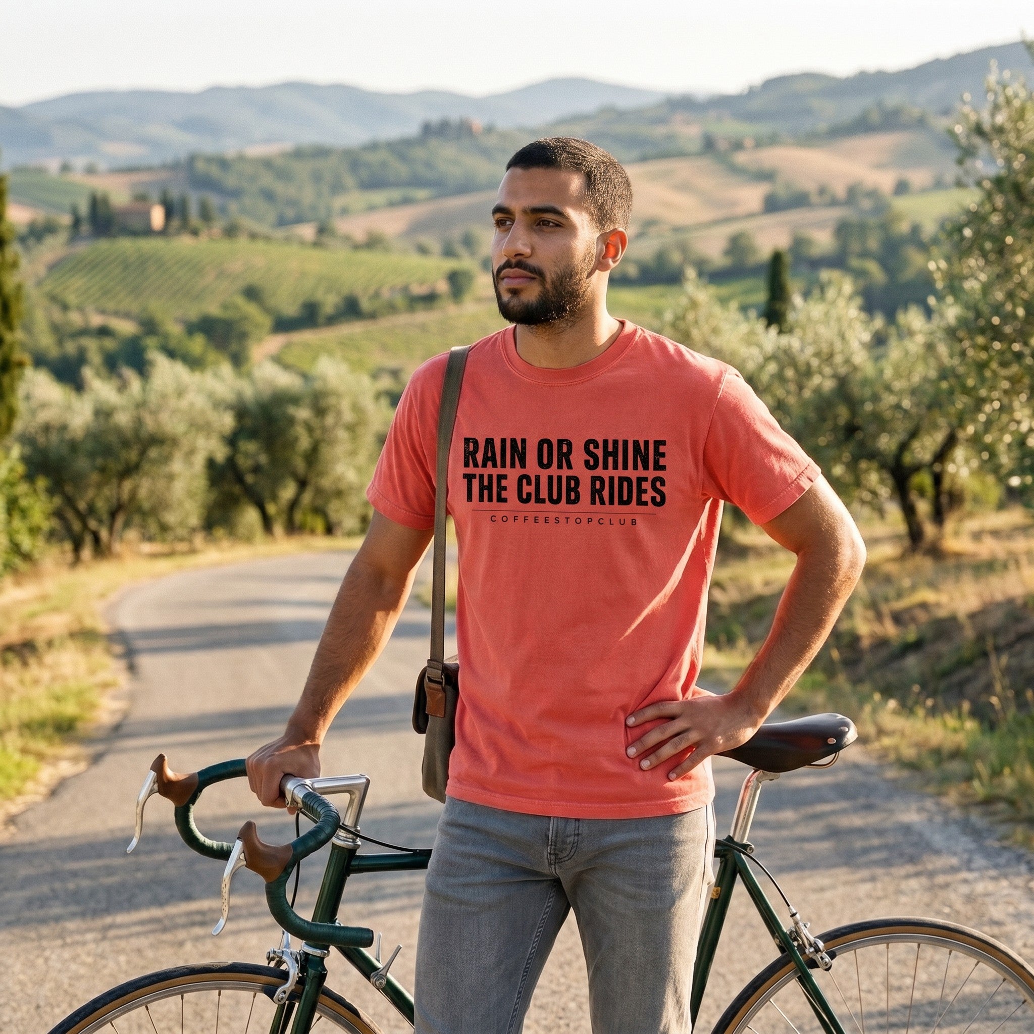 The Club Rides... T‑Shirt — Bright Salmon lifestyle