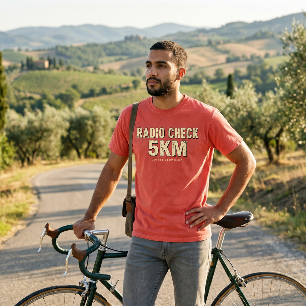 Radio Check 5Km Tour T‑Shirt — Bright Salmon lifestyle