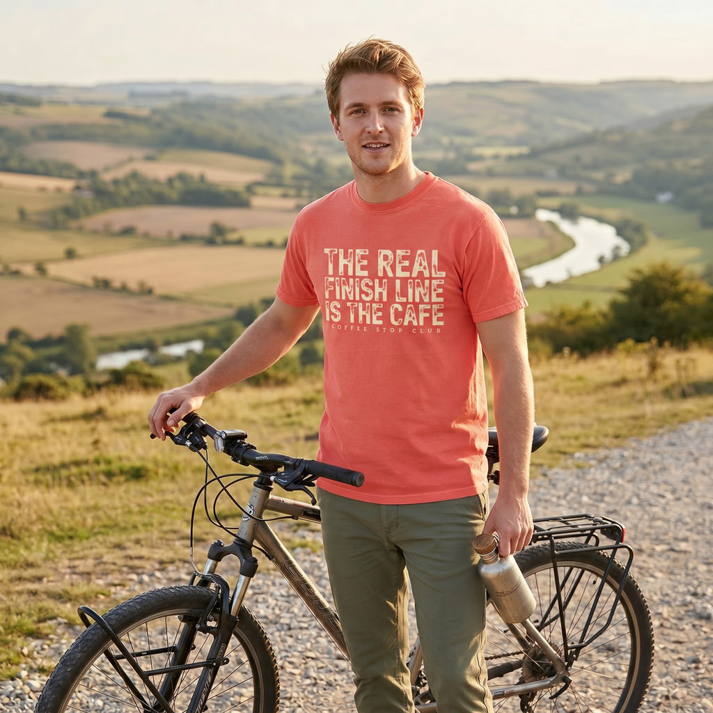 The Real Finish Line T‑Shirt — Bright Salmon lifestyle