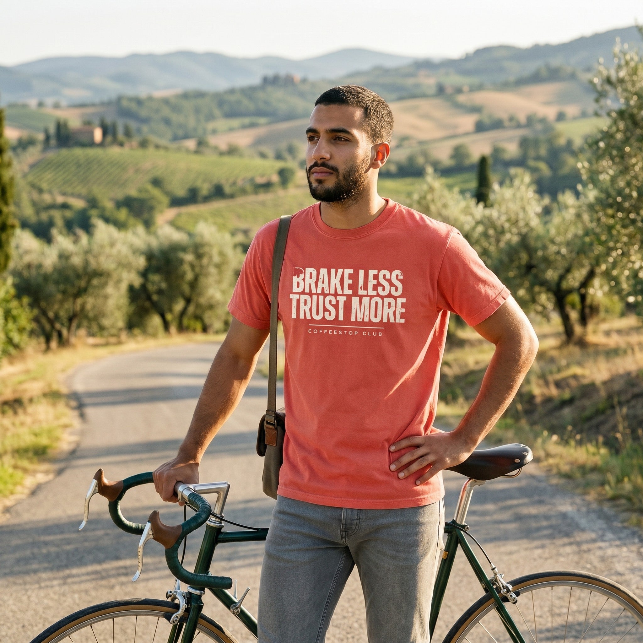 Brake Less Trust More T‑Shirt — Bright Salmon lifestyle