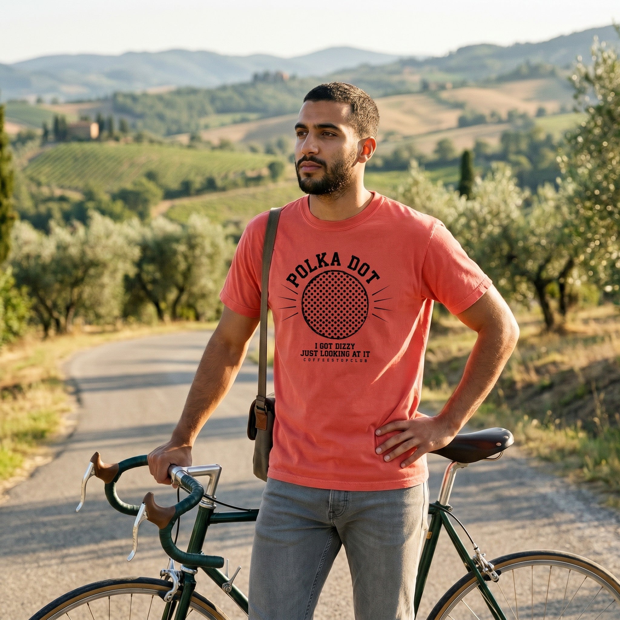 Polka Dot Yellow Cycling T-Shirt — Bright Salmon lifestyle