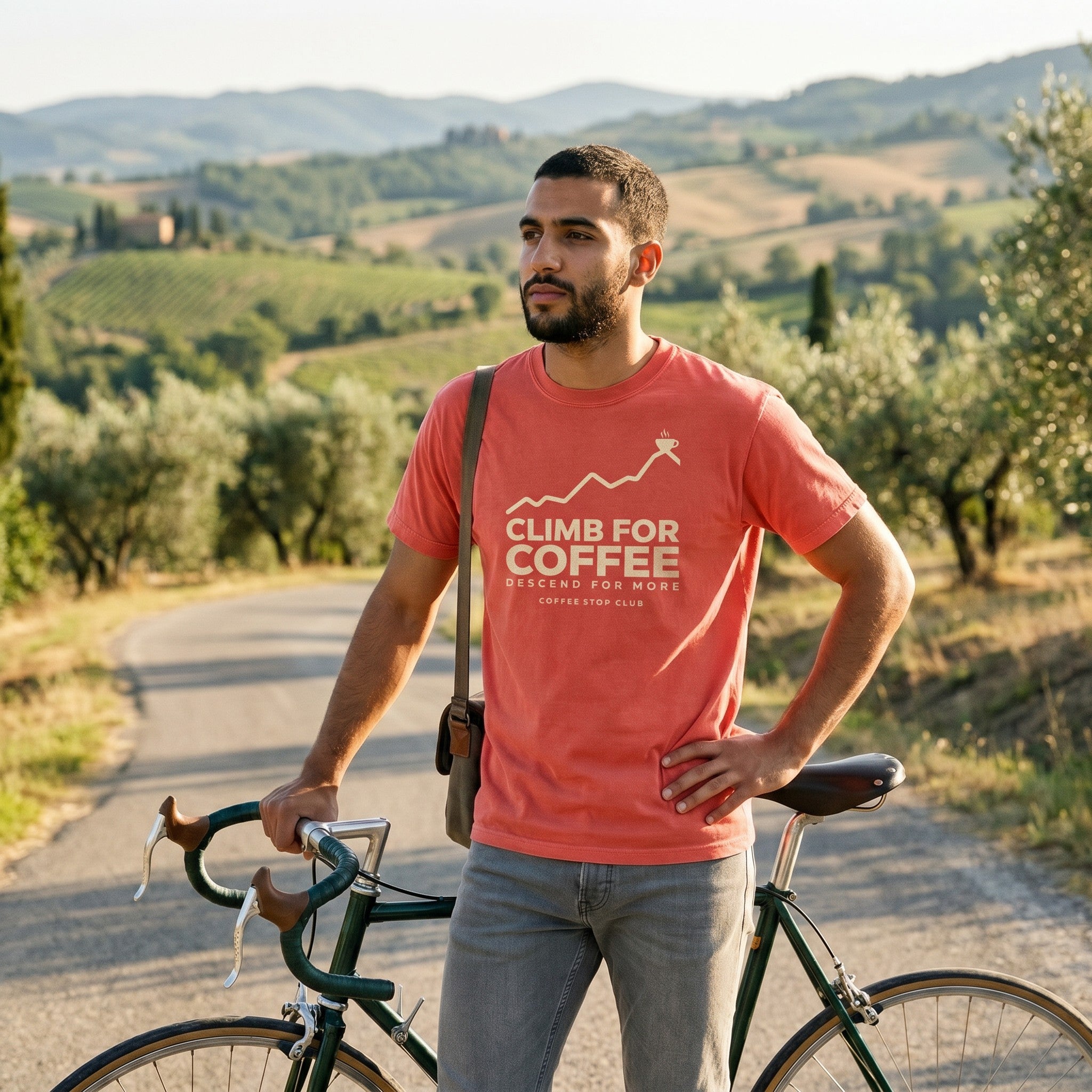 Climb For Coffee T‑Shirt — Bright Salmon lifestyle