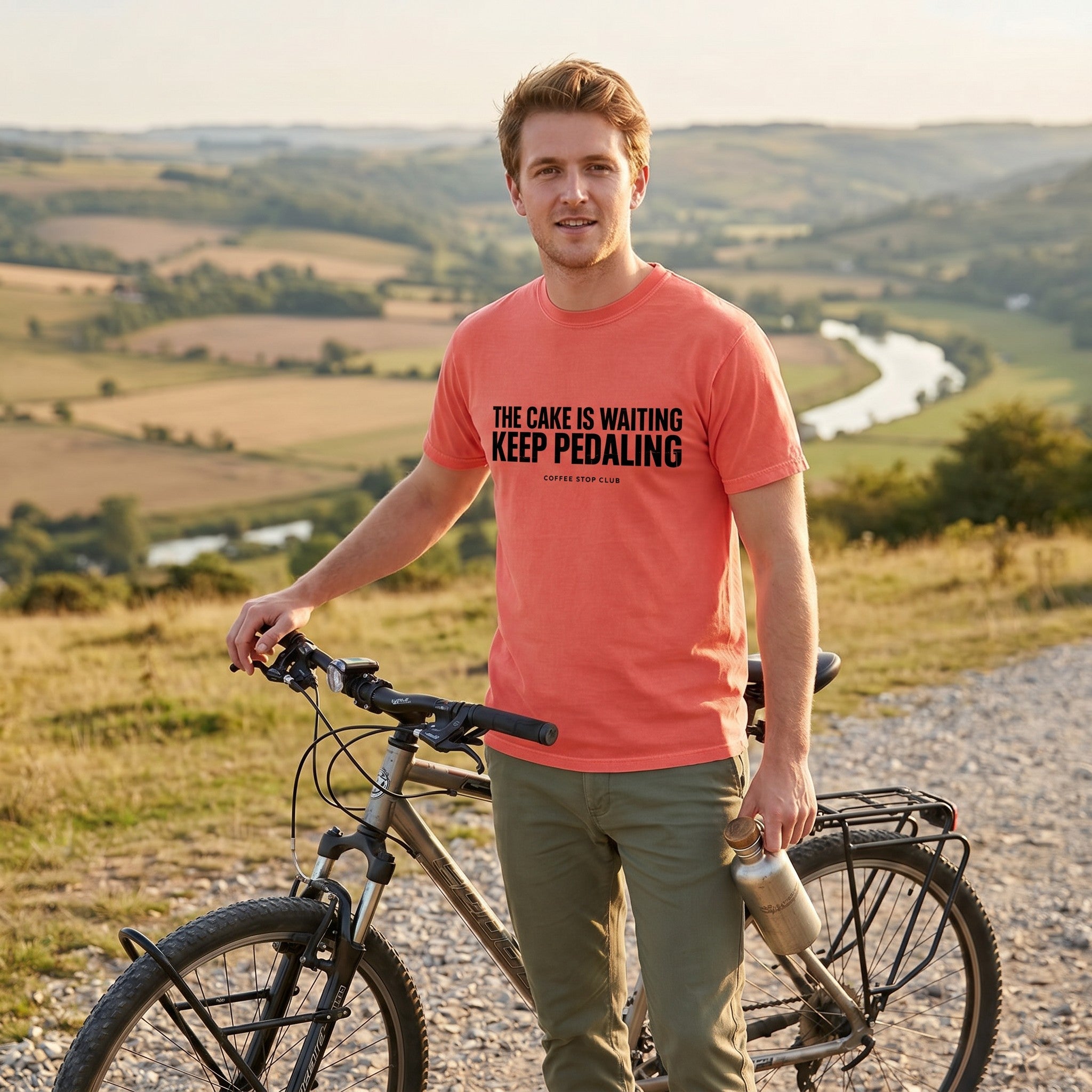The Cake is Waiting T‑Shirt — Bright Salmon lifestyle