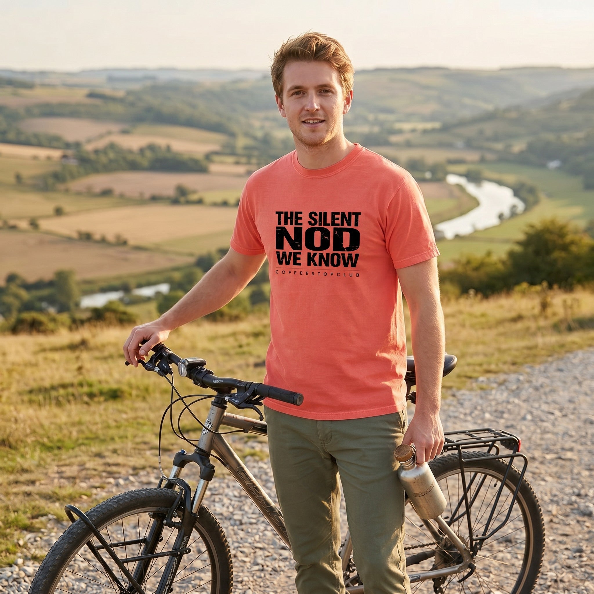 Silent Nod T‑Shirt — Bright Salmon lifestyle